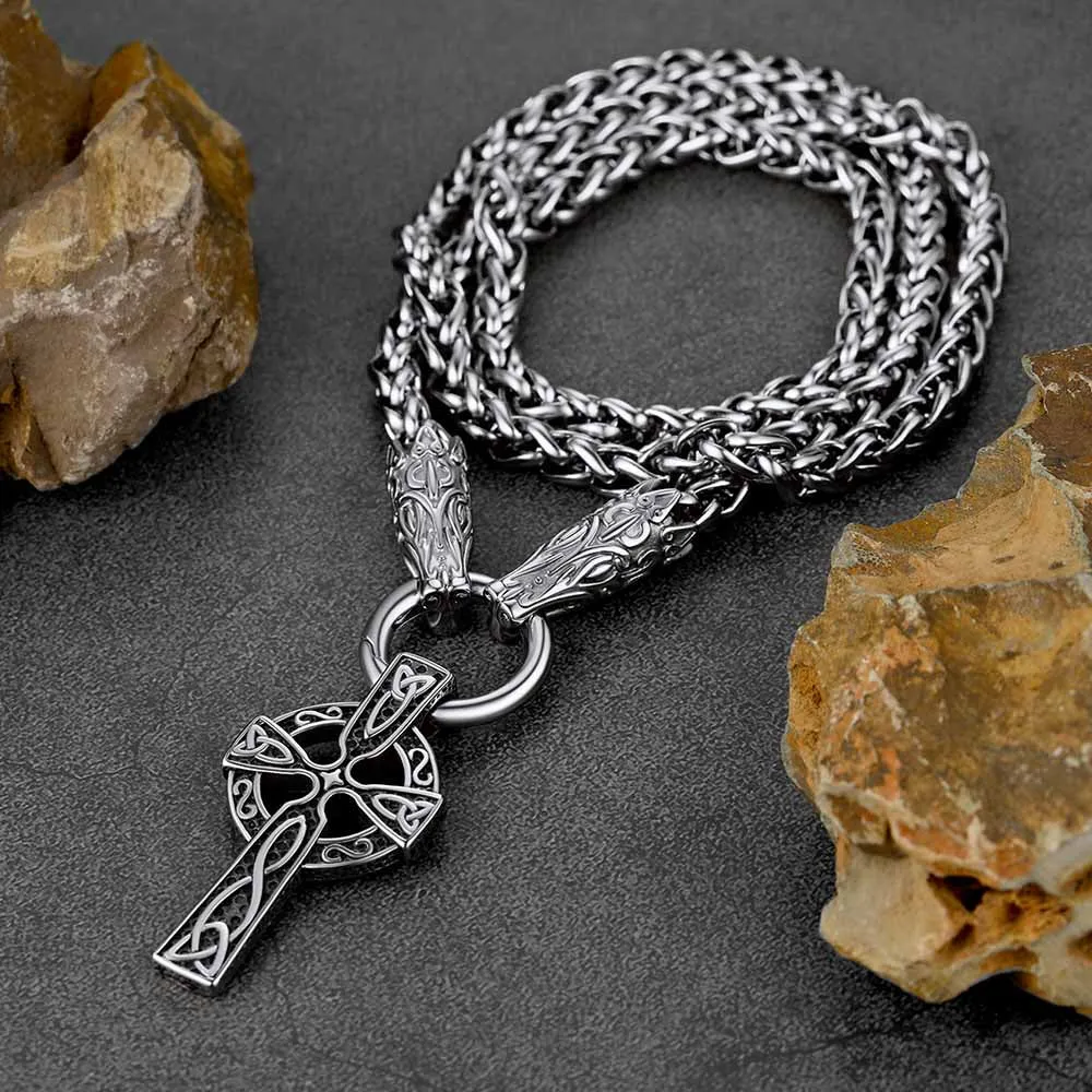 Celtic Knot Cross Necklace With Wolf Rope Chain For Men