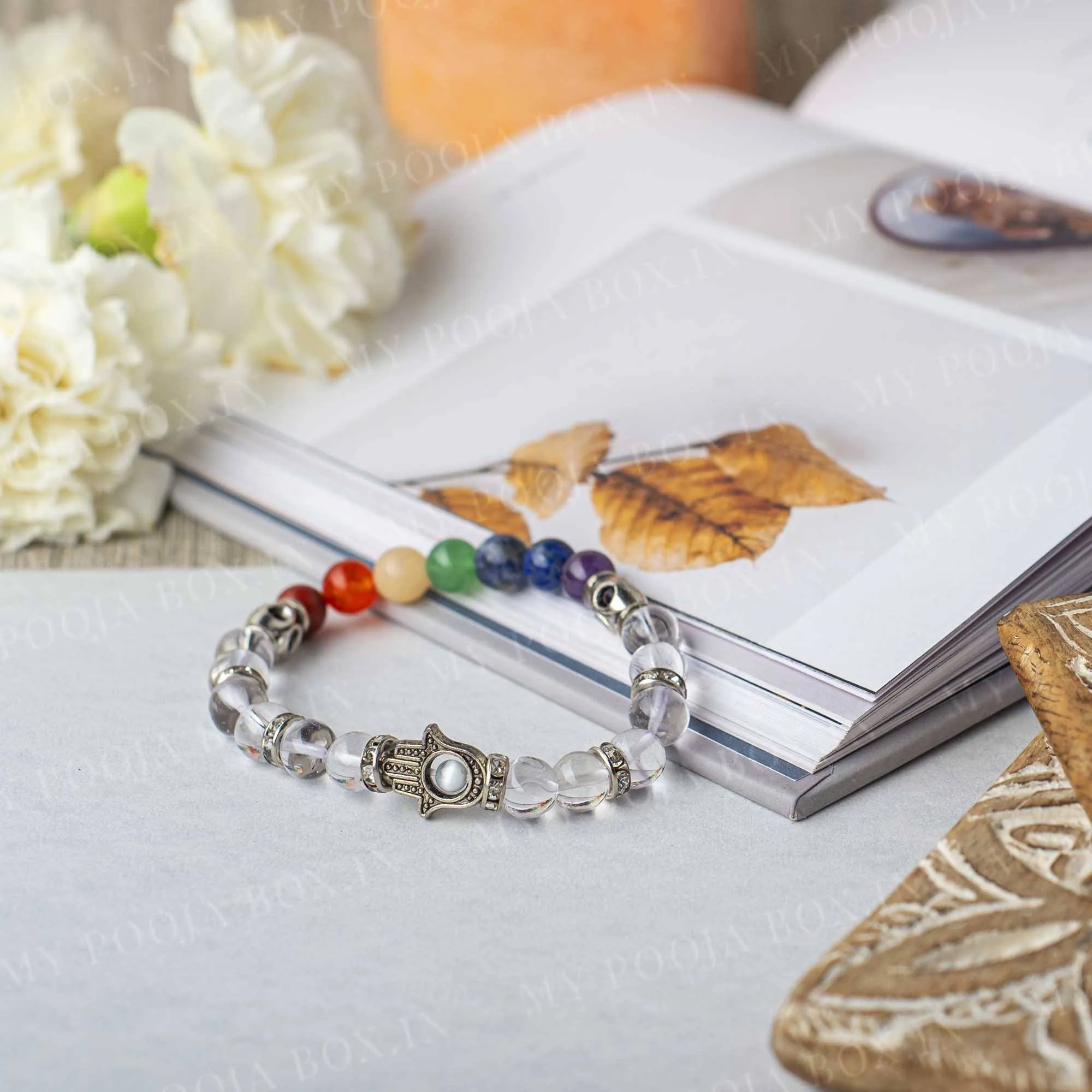 Clear Quartz Bracelet with Hamsa Charm 8 Chakra Bracelet