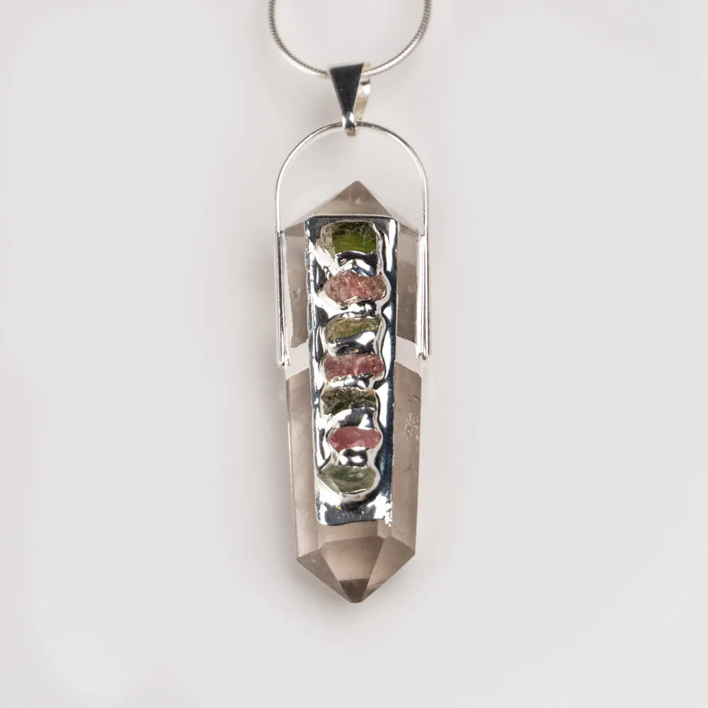 Clear Quartz Crystal Pendant with 7 Chakra Stone Sterling Silver Necklace