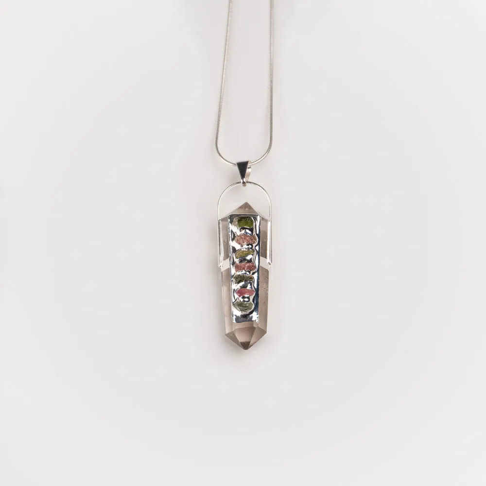 Clear Quartz Crystal Pendant with 7 Chakra Stone Sterling Silver Necklace