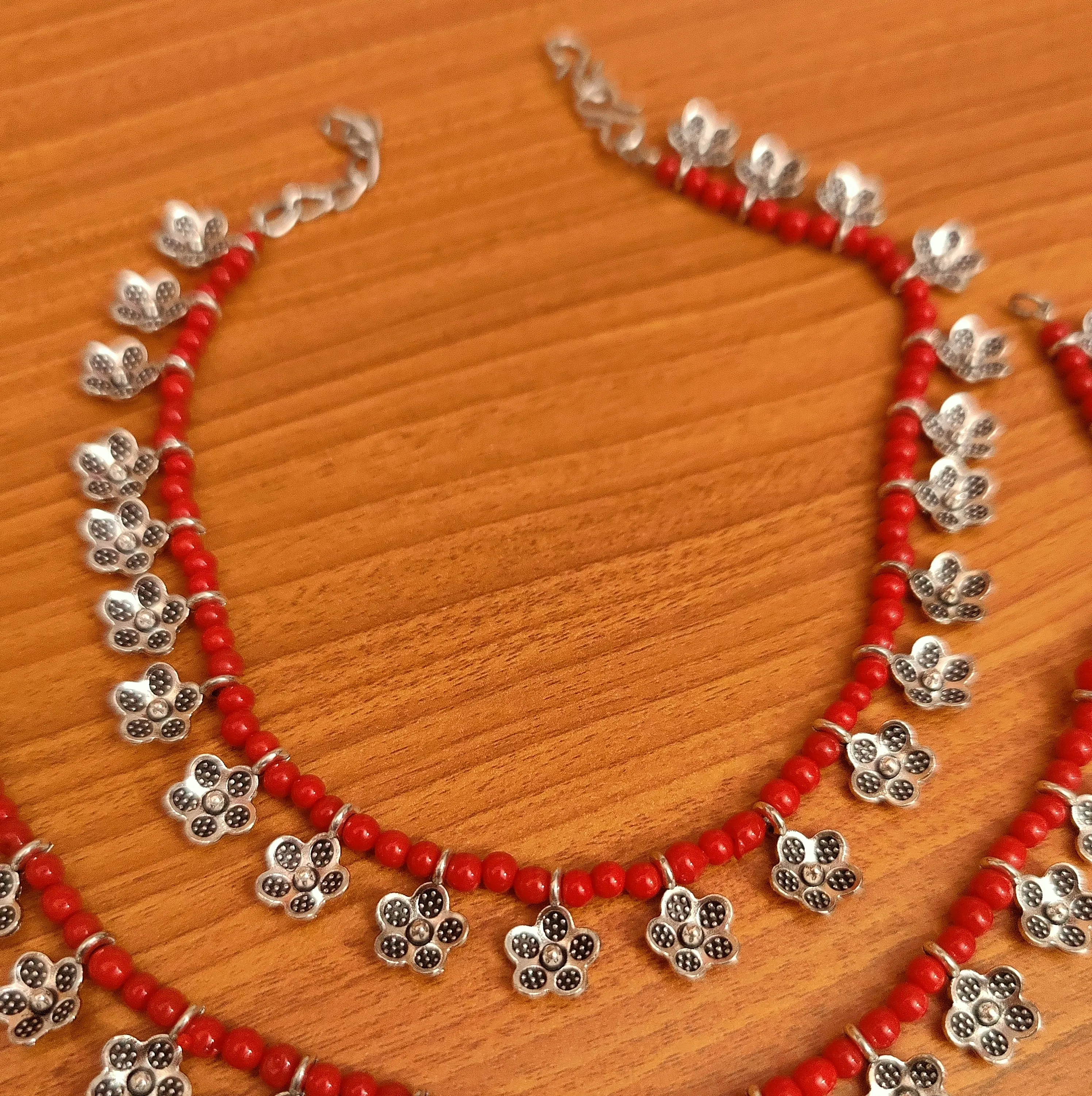 CORAL BEADS OXIDISED SMALL FLOWER PATTERN ANKLETS