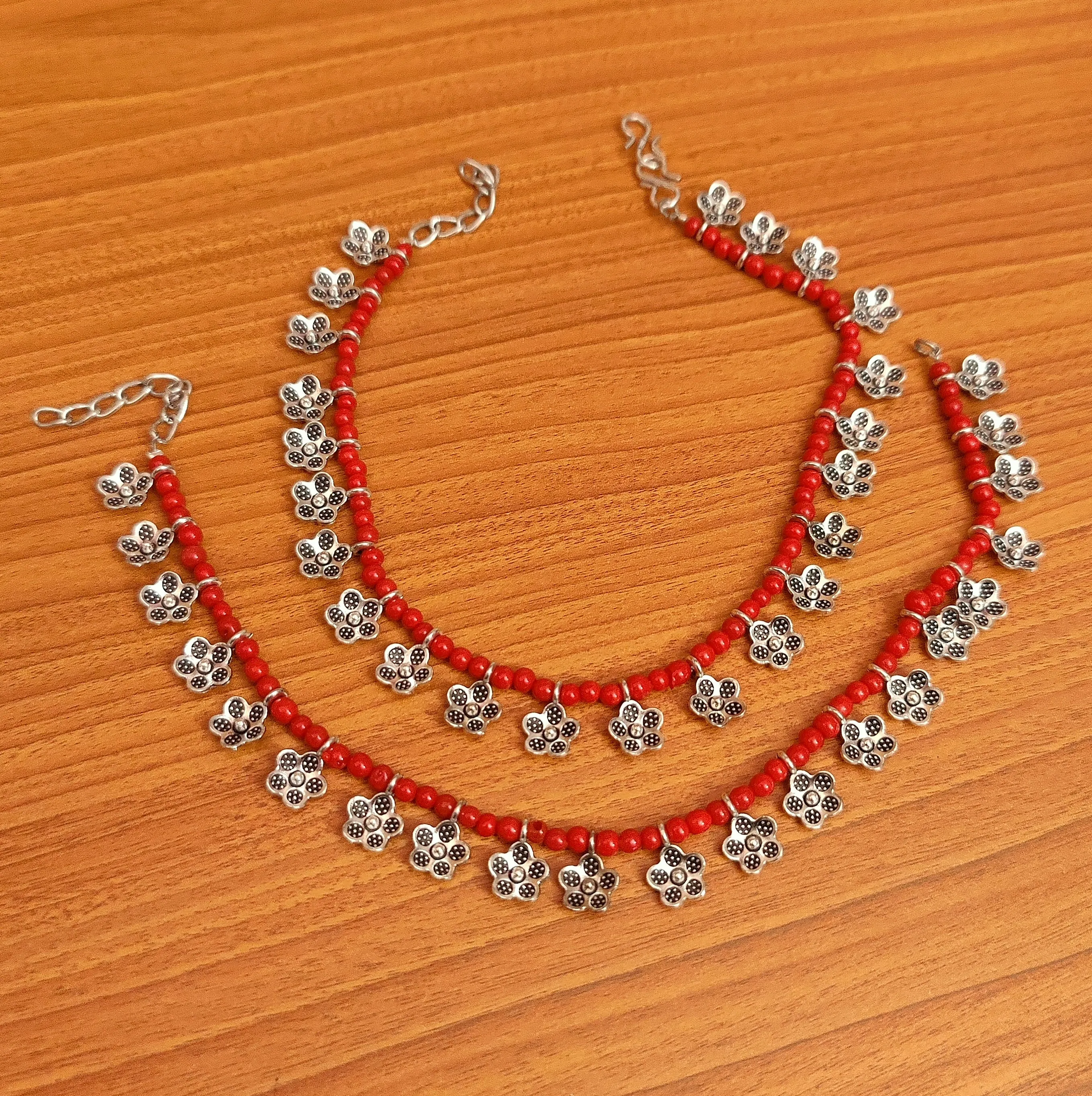 CORAL BEADS OXIDISED SMALL FLOWER PATTERN ANKLETS