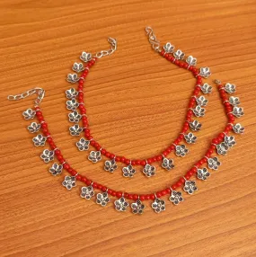 CORAL BEADS OXIDISED SMALL FLOWER PATTERN ANKLETS