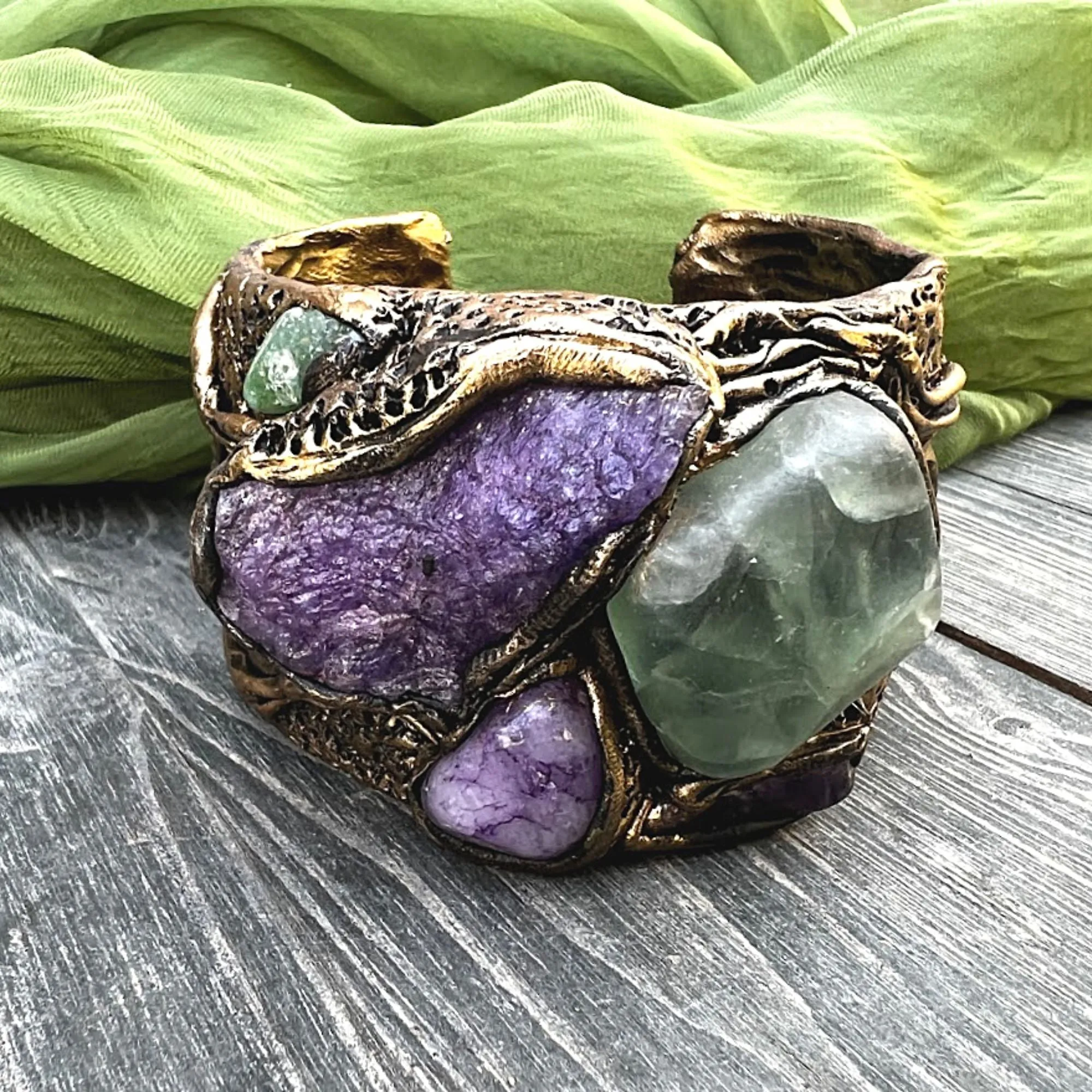 Cuff Raw crystal bracelet, Fluorite Calcite Chalcedony bracelet, bohemian gemstone bangle