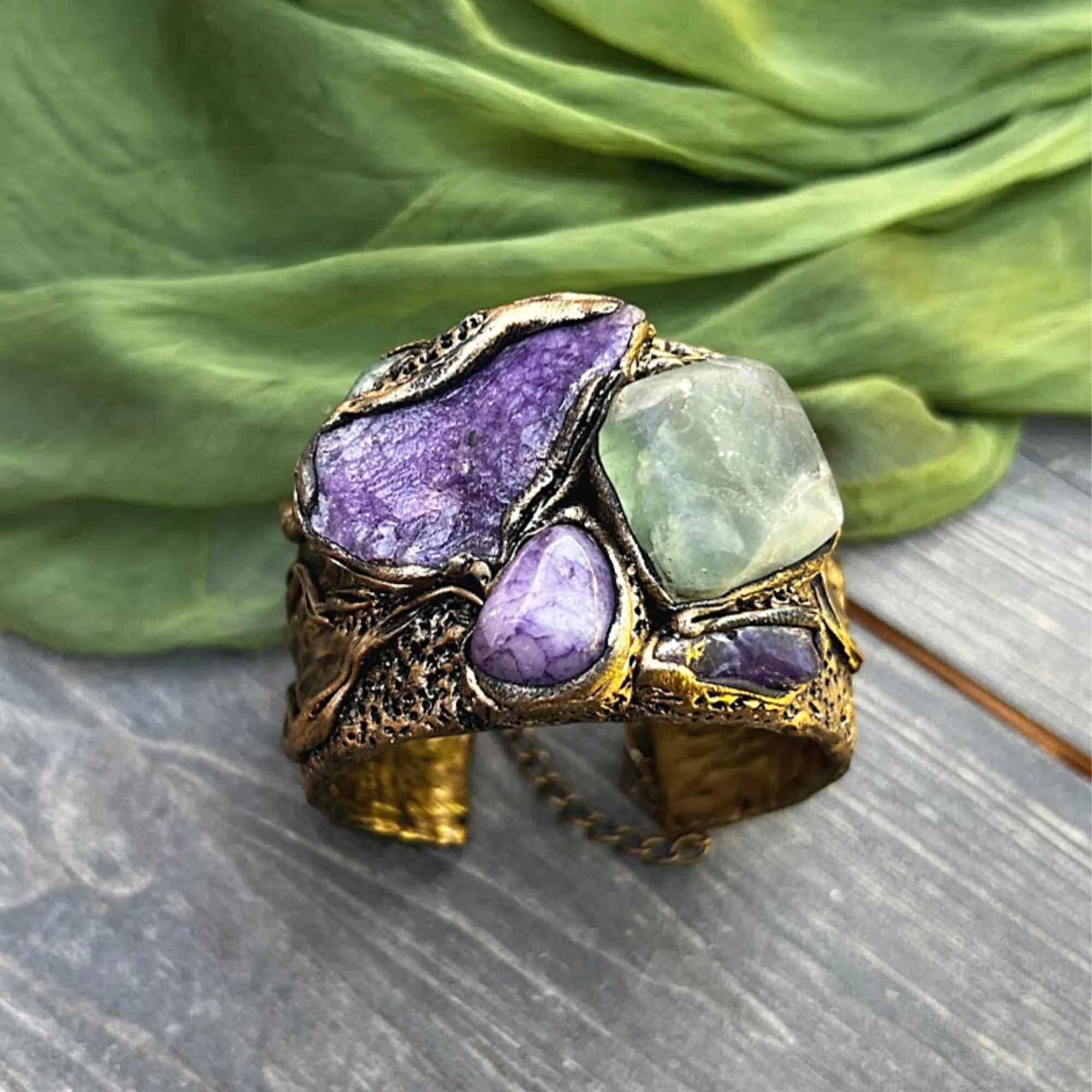 Cuff Raw crystal bracelet, Fluorite Calcite Chalcedony bracelet, bohemian gemstone bangle