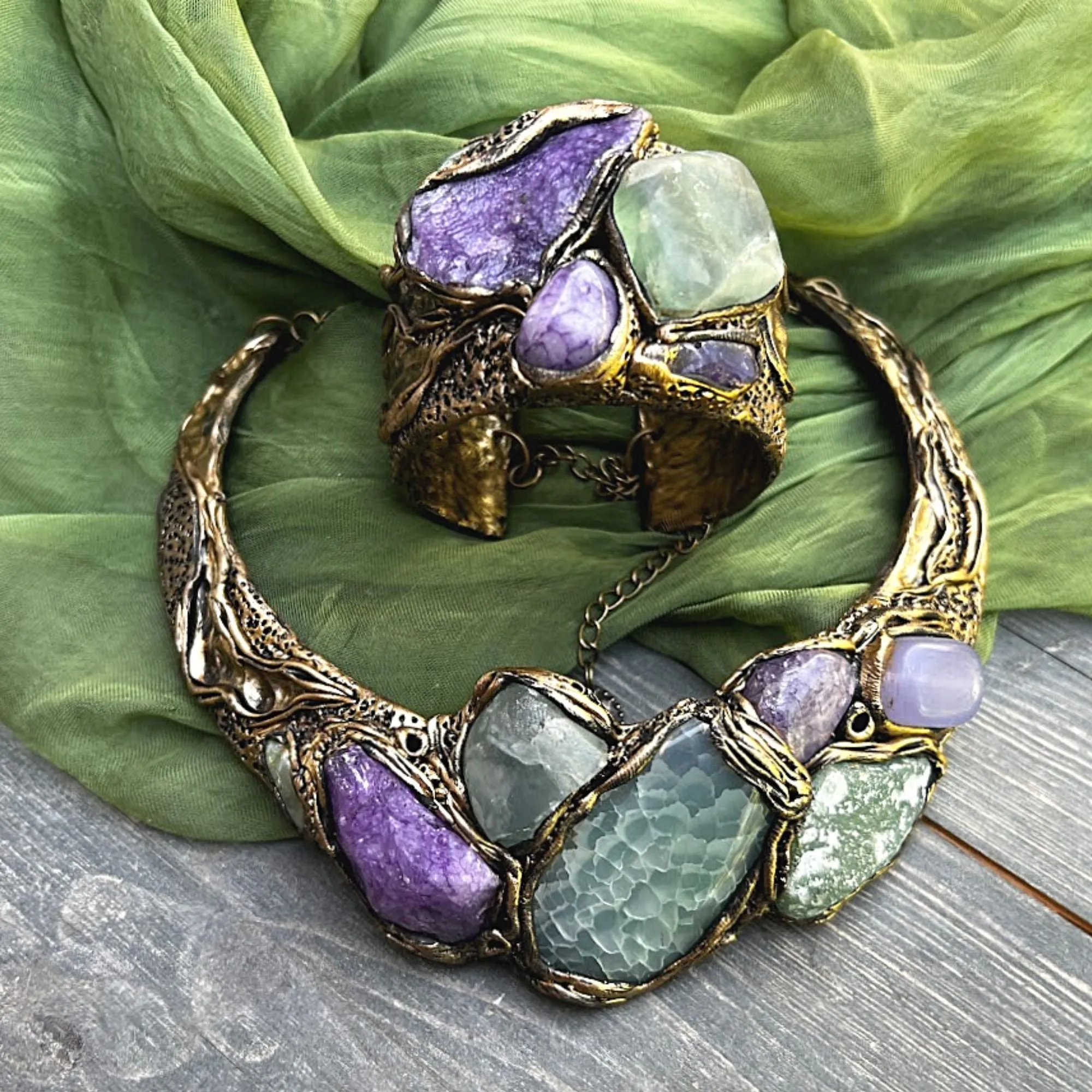 Cuff Raw crystal bracelet, Fluorite Calcite Chalcedony bracelet, bohemian gemstone bangle