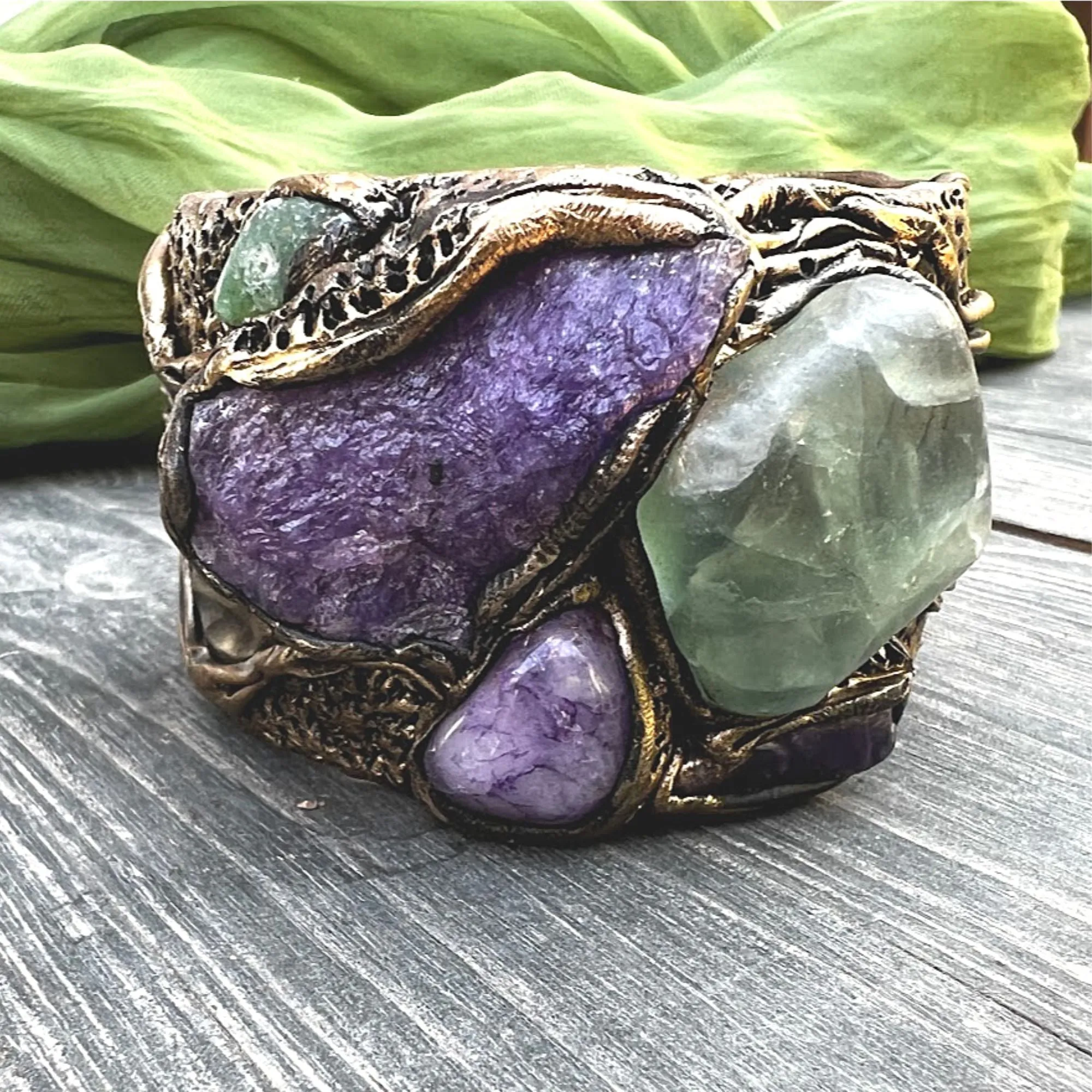 Cuff Raw crystal bracelet, Fluorite Calcite Chalcedony bracelet, bohemian gemstone bangle