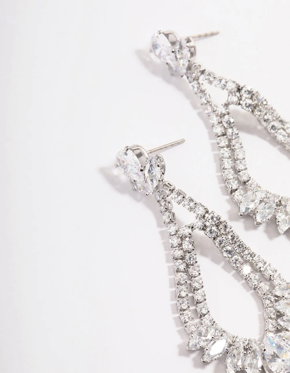 Diamond Simulant Silver Fan Detail Teardrop Earrings
