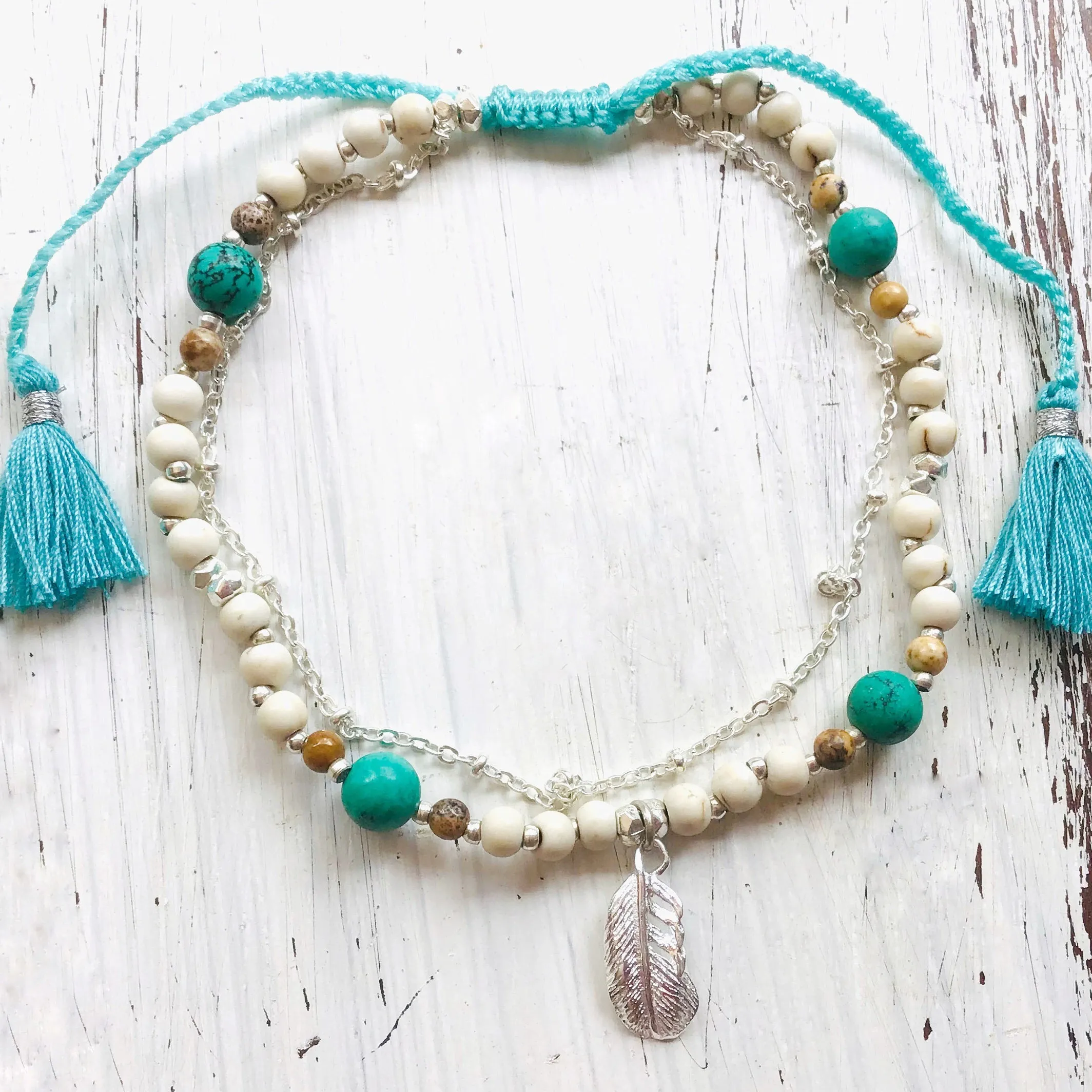 Feather Boho Gemstone Anklet, turquoise, jasper, howlite