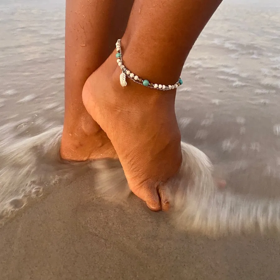 Feather Boho Gemstone Anklet, turquoise, jasper, howlite