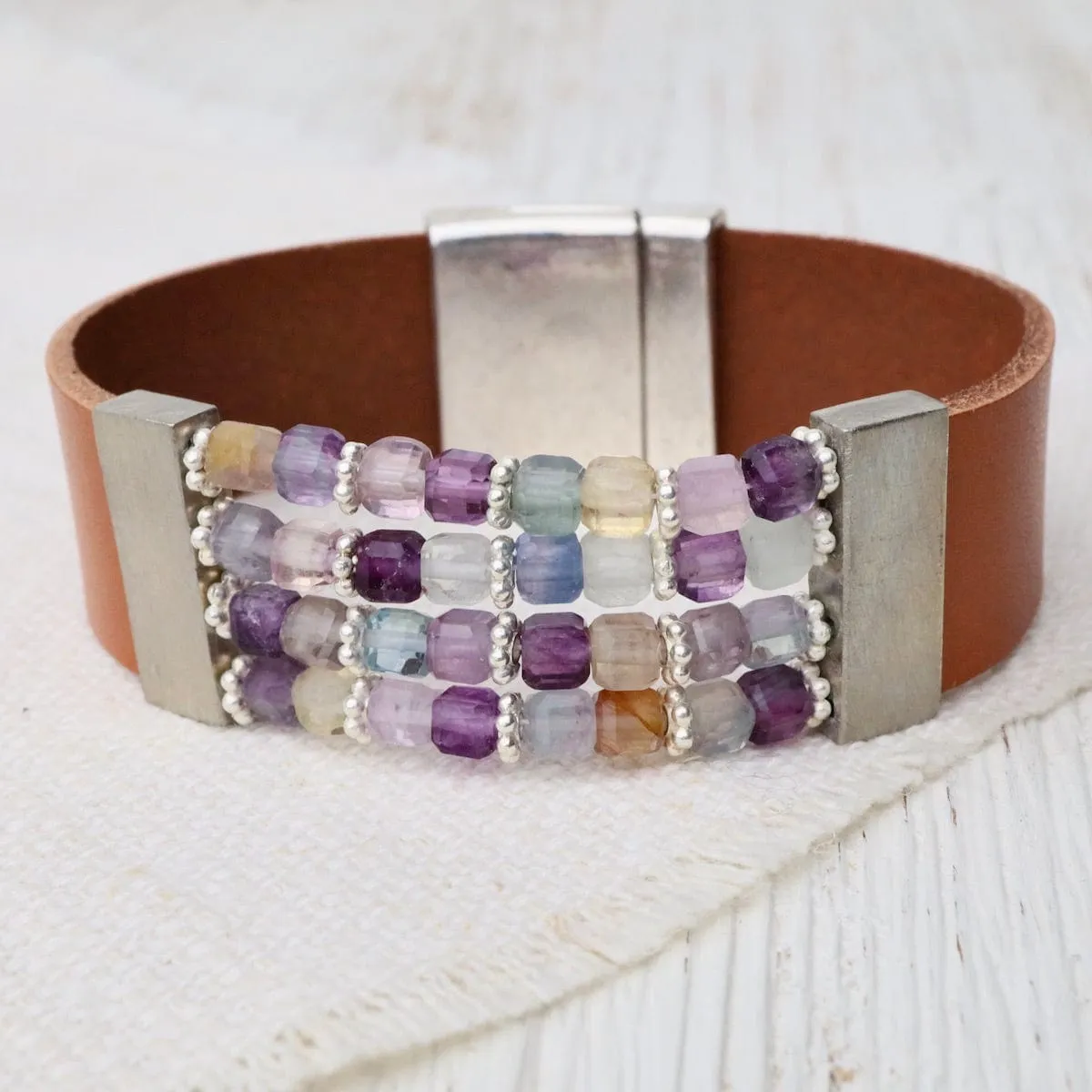 Fluorite Brown Leather Bracelet