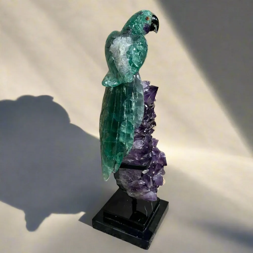 Fluorite Parrot Carving on Amethyst Geode Base - 21"