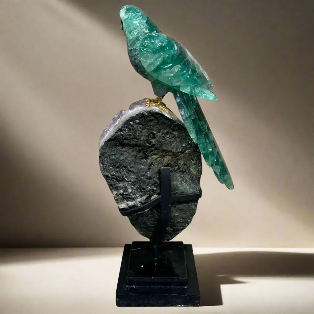 Fluorite Parrot Carving on Amethyst Geode Base - 21"