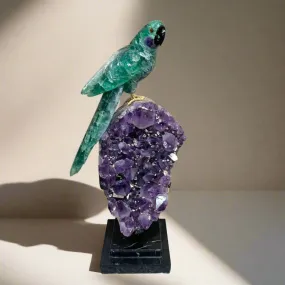 Fluorite Parrot Carving on Amethyst Geode Base - 21"