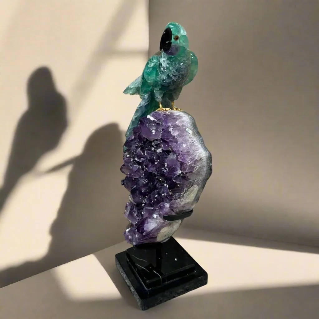 Fluorite Parrot Carving on Amethyst Geode Base - 21"