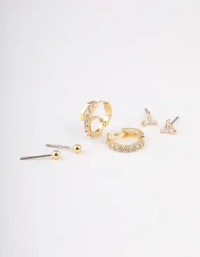 Gold Plated Brass Cubic Zirconia Double Hoop Earrings Pack