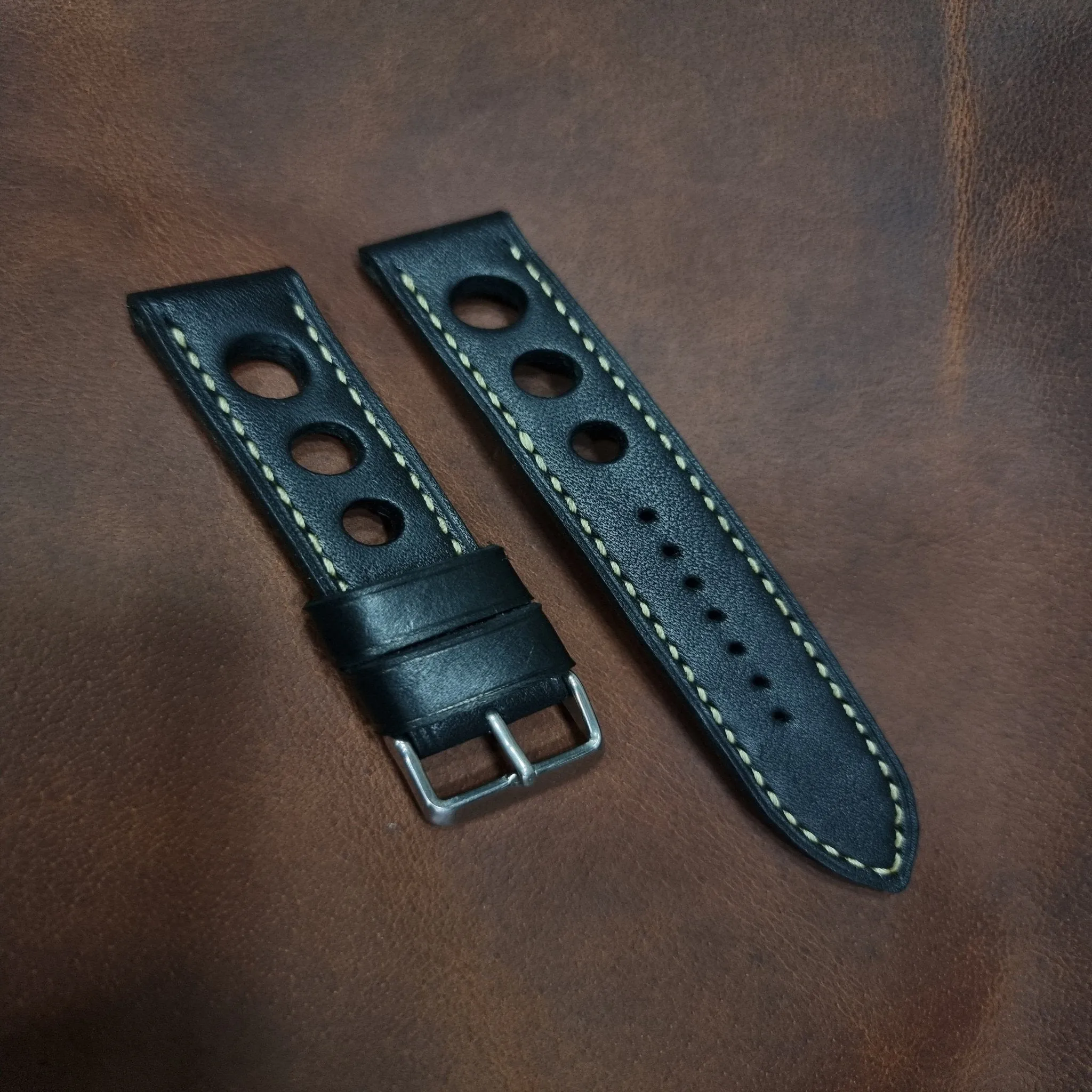 Handmade black racing leather strap