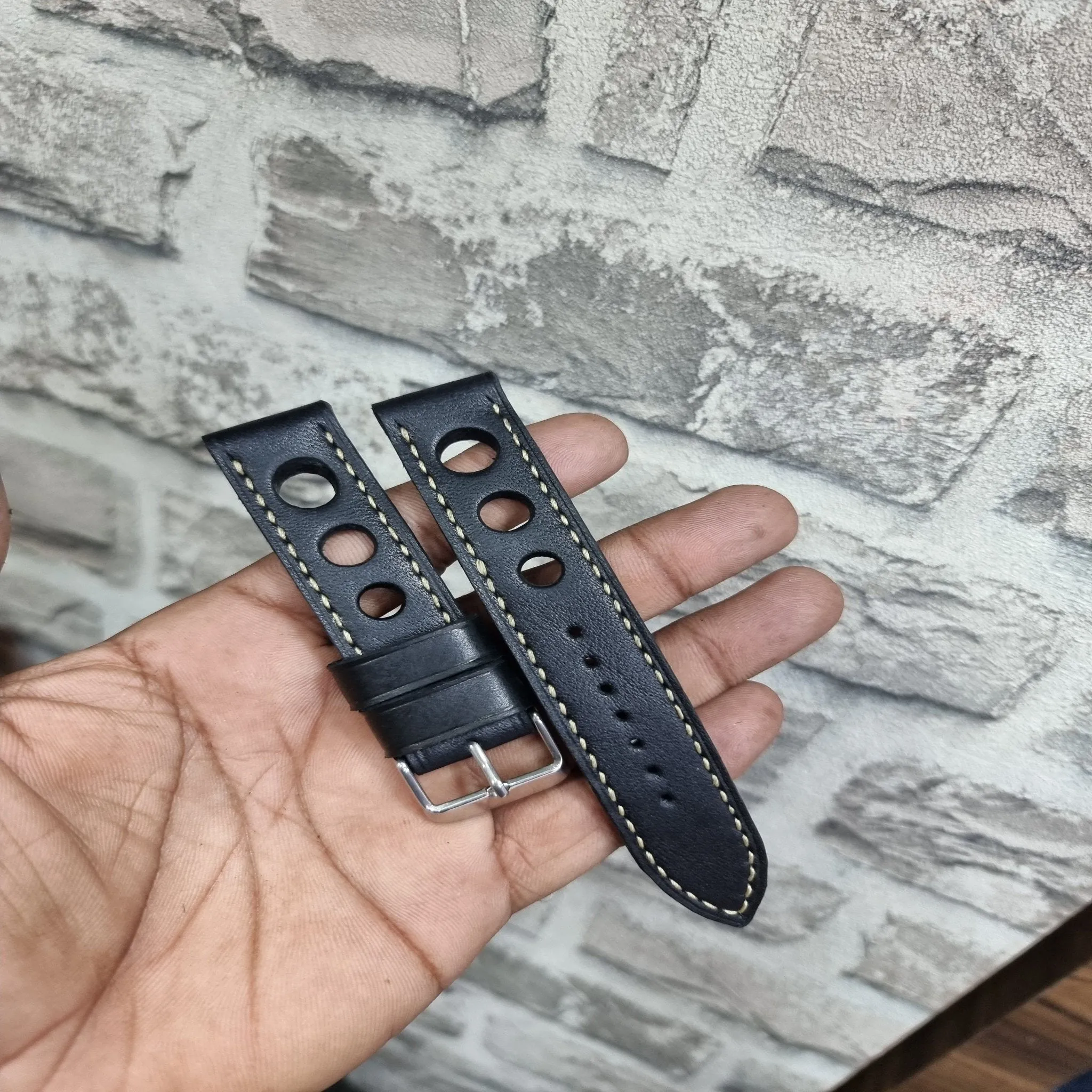 Handmade black racing leather strap