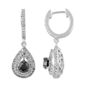 Jewelili 10K White Gold 1 1/4 CTTW Round Treated Black and White Diamonds Teardrop Dangle Earrings
