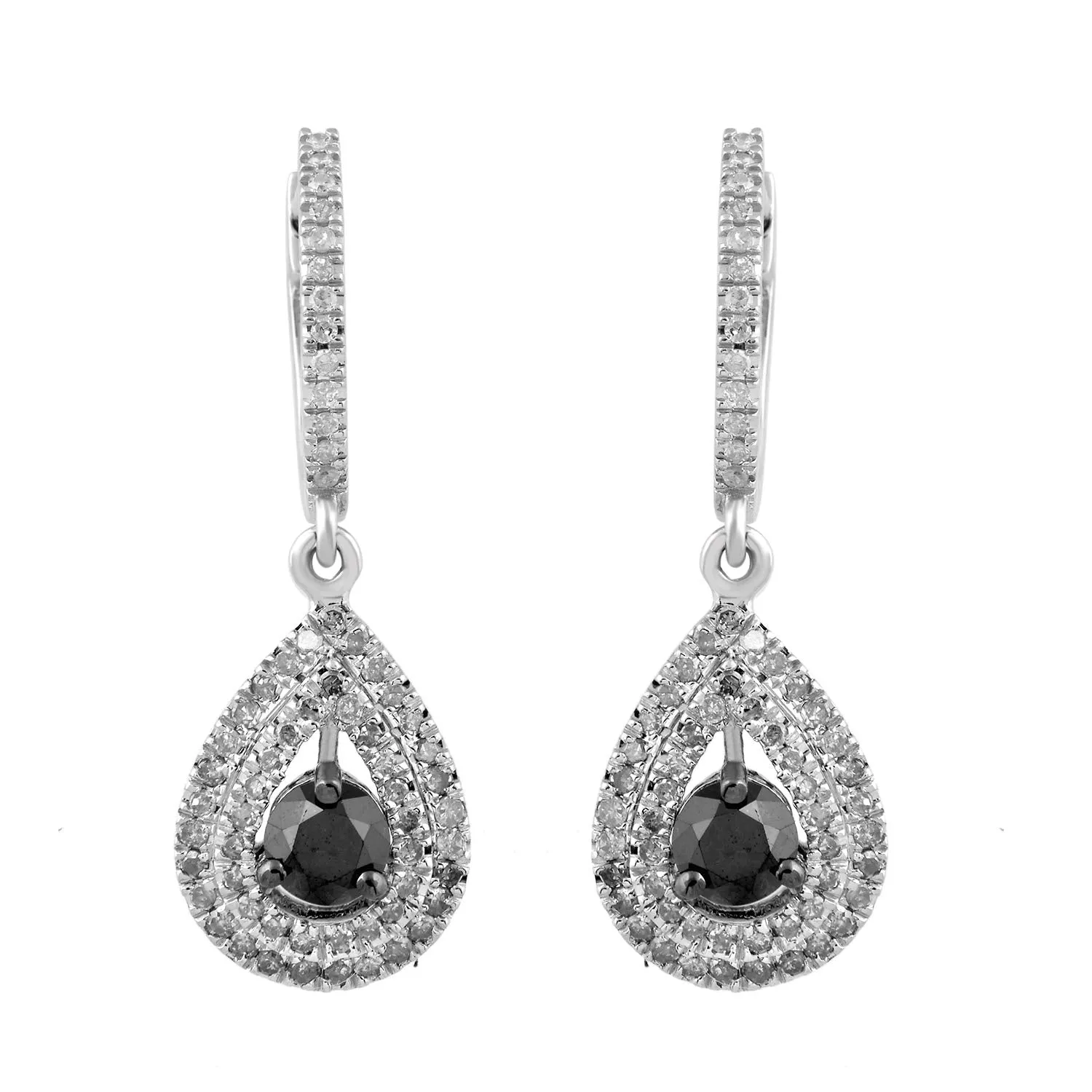 Jewelili 10K White Gold 1 1/4 CTTW Round Treated Black and White Diamonds Teardrop Dangle Earrings