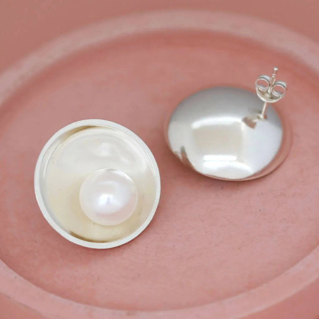 Large Pearl Stud Earrings in Solid Sterling Silver