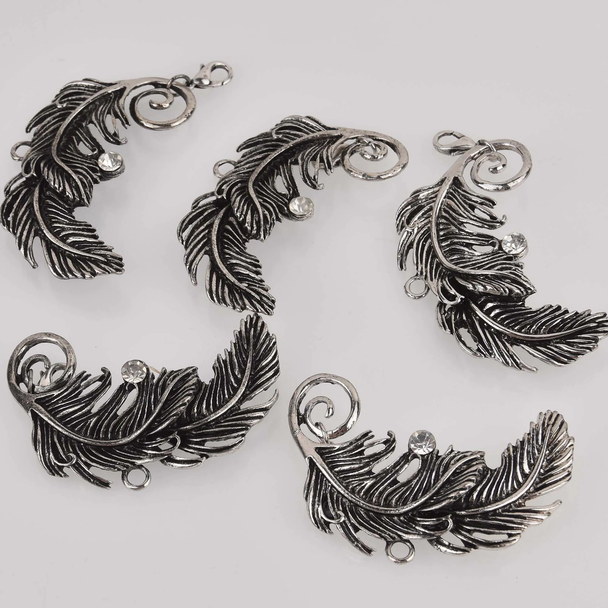 Large Silver Feather Charm with Crystal, 2.25" long, chs8396
