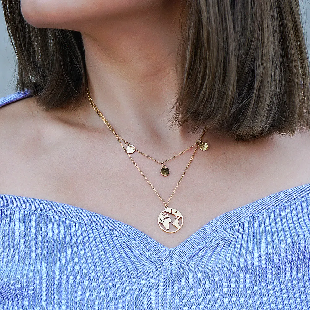 Layered World Map Pendant Necklace