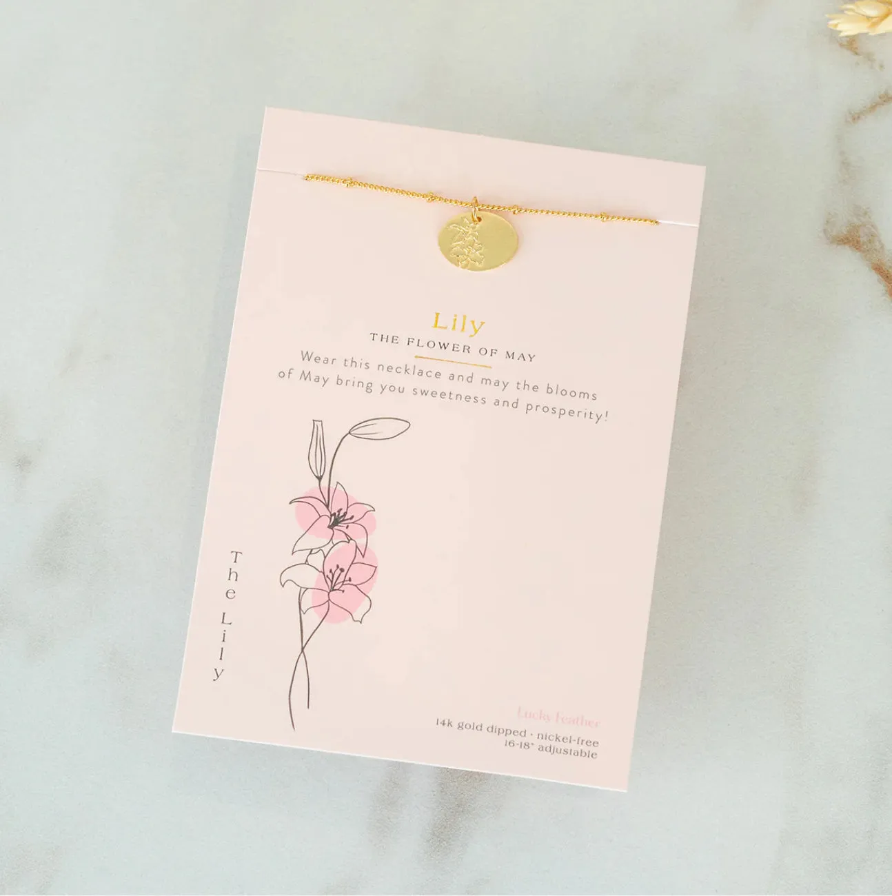 Lucky Feather Birth Flower Necklace - Lily (May)