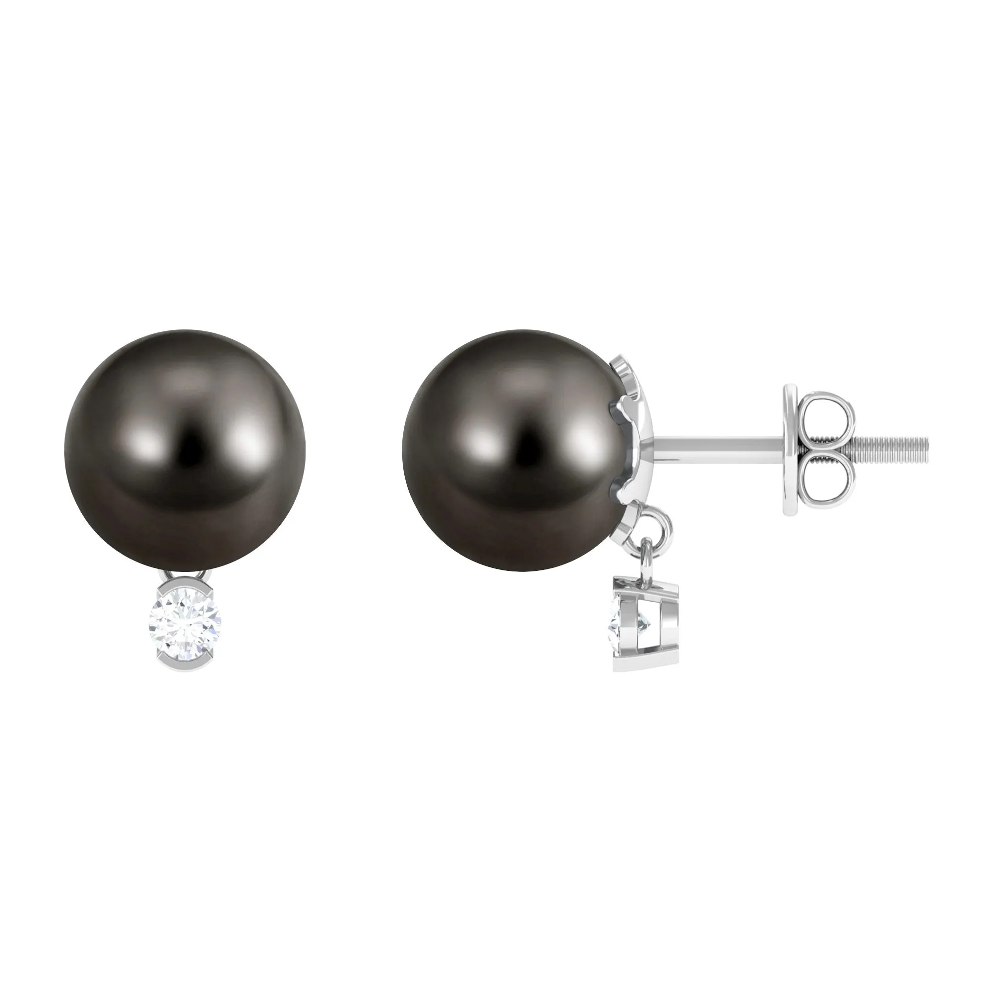 Minimal Tahitian Pearl Solitaire Stud Earrings with Diamond