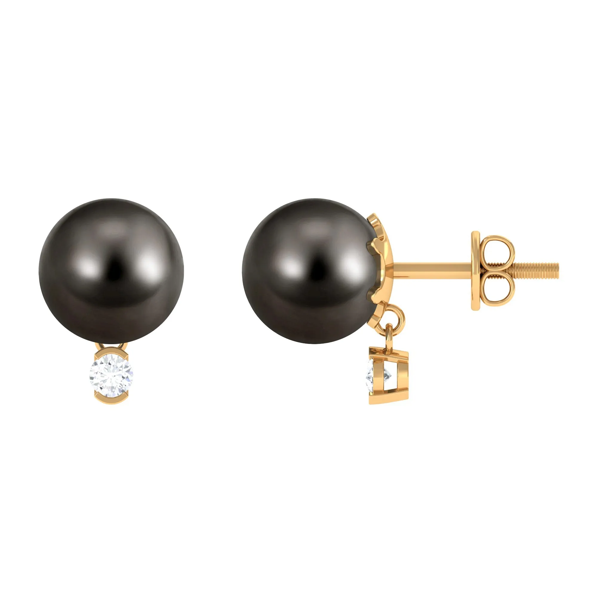 Minimal Tahitian Pearl Solitaire Stud Earrings with Diamond