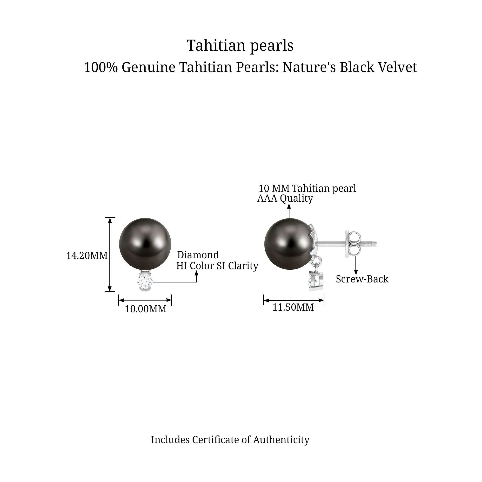 Minimal Tahitian Pearl Solitaire Stud Earrings with Diamond