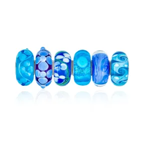 Mixed Set of 6 Sterling Silver Core Blue Murano Glass Charm Beads for Bracelet