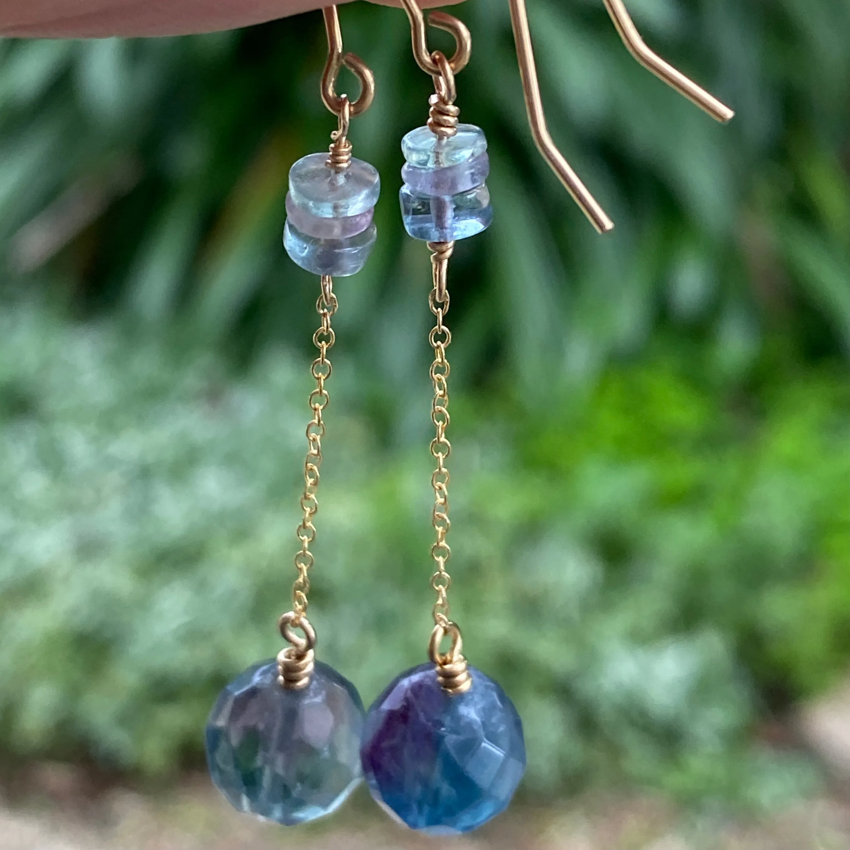 Mystic Fluorite Dangle Earrings on Fine Chains