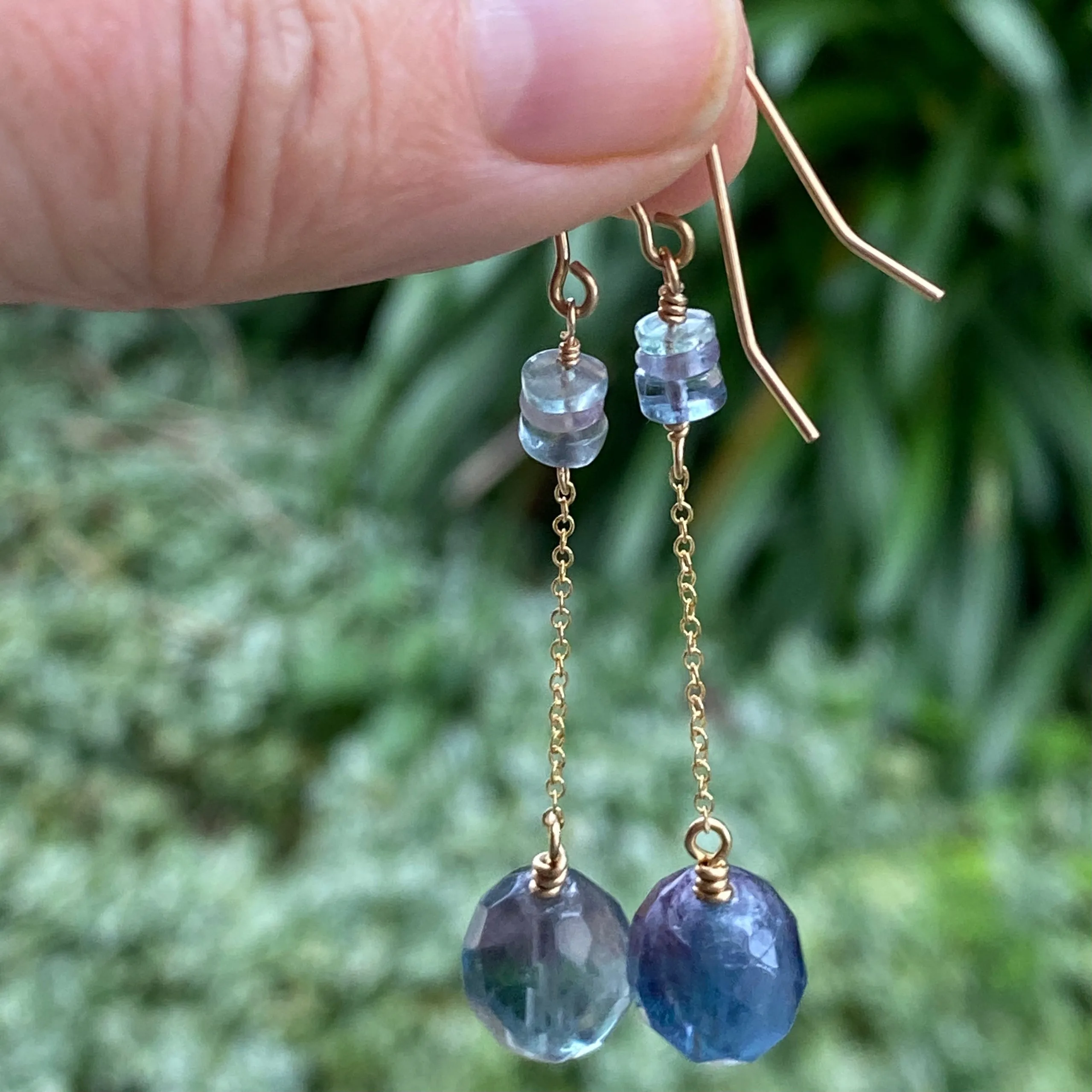 Mystic Fluorite Dangle Earrings on Fine Chains