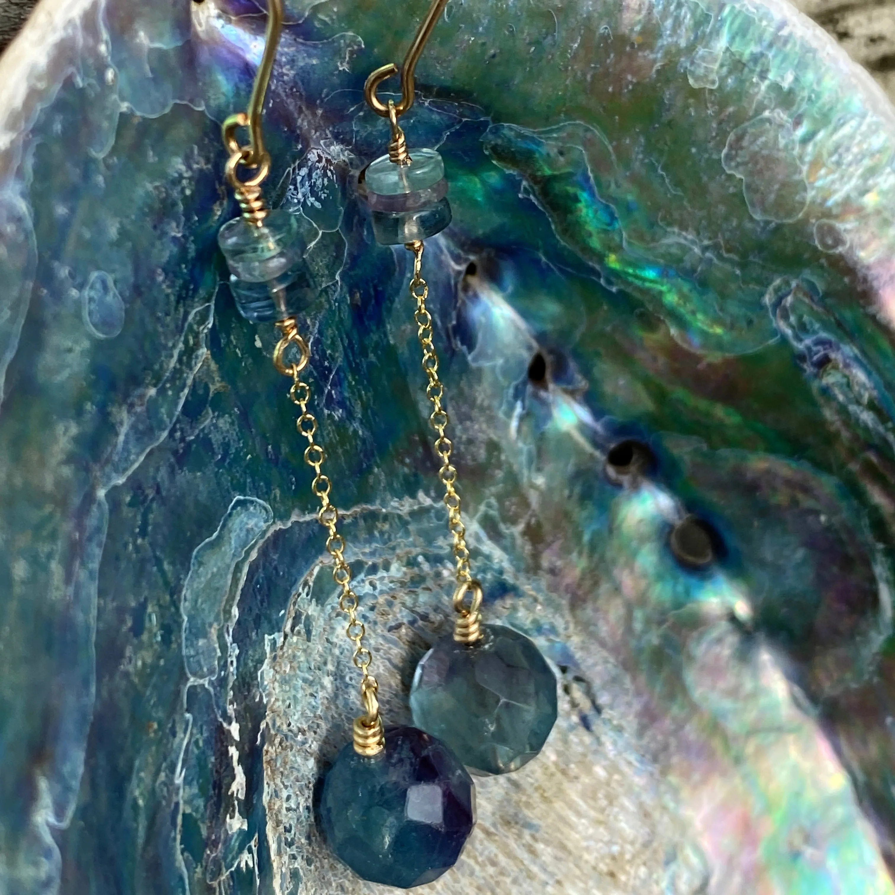 Mystic Fluorite Dangle Earrings on Fine Chains