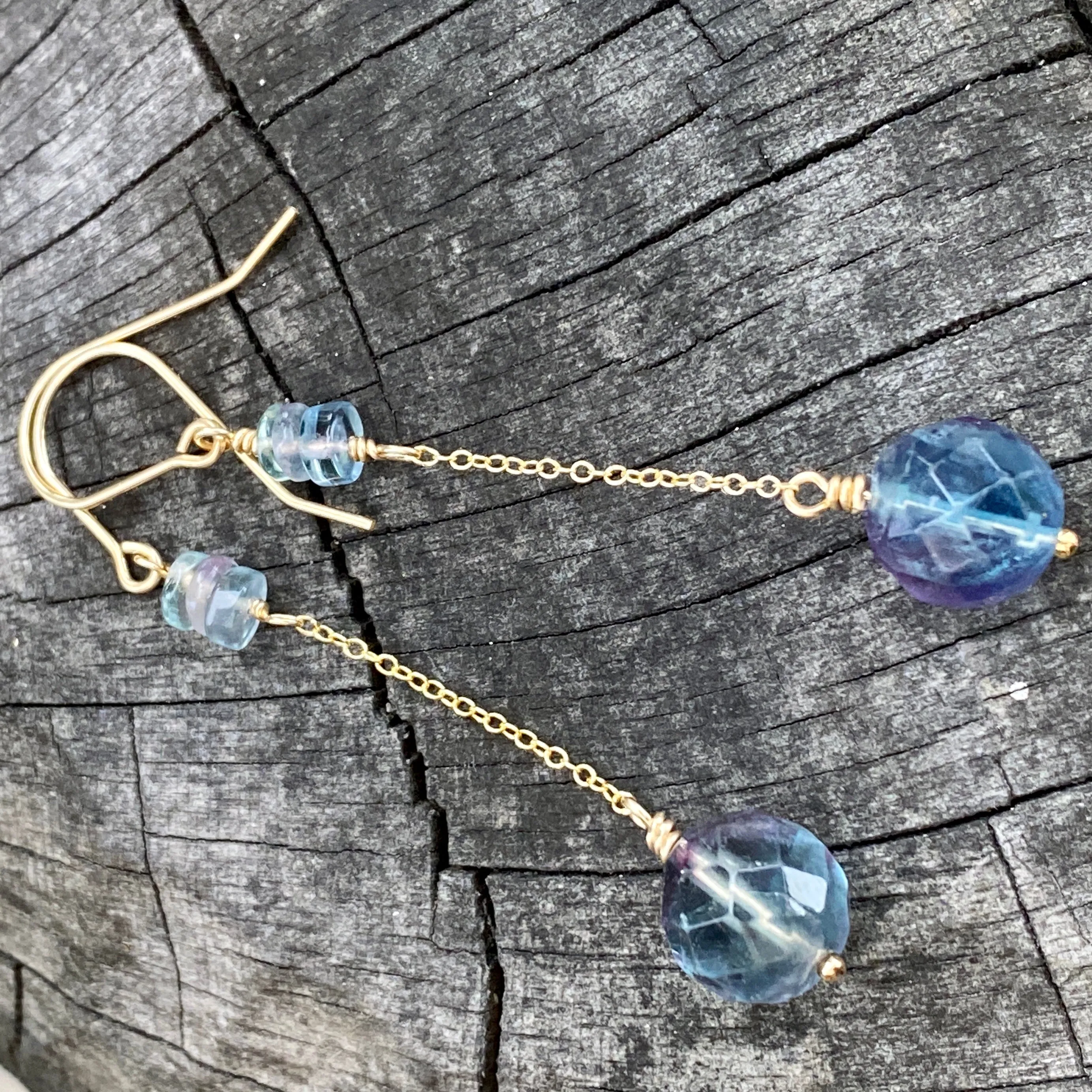Mystic Fluorite Dangle Earrings on Fine Chains