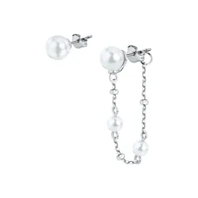 perla stud earrings 925 silver pearl with 1 drop chain side