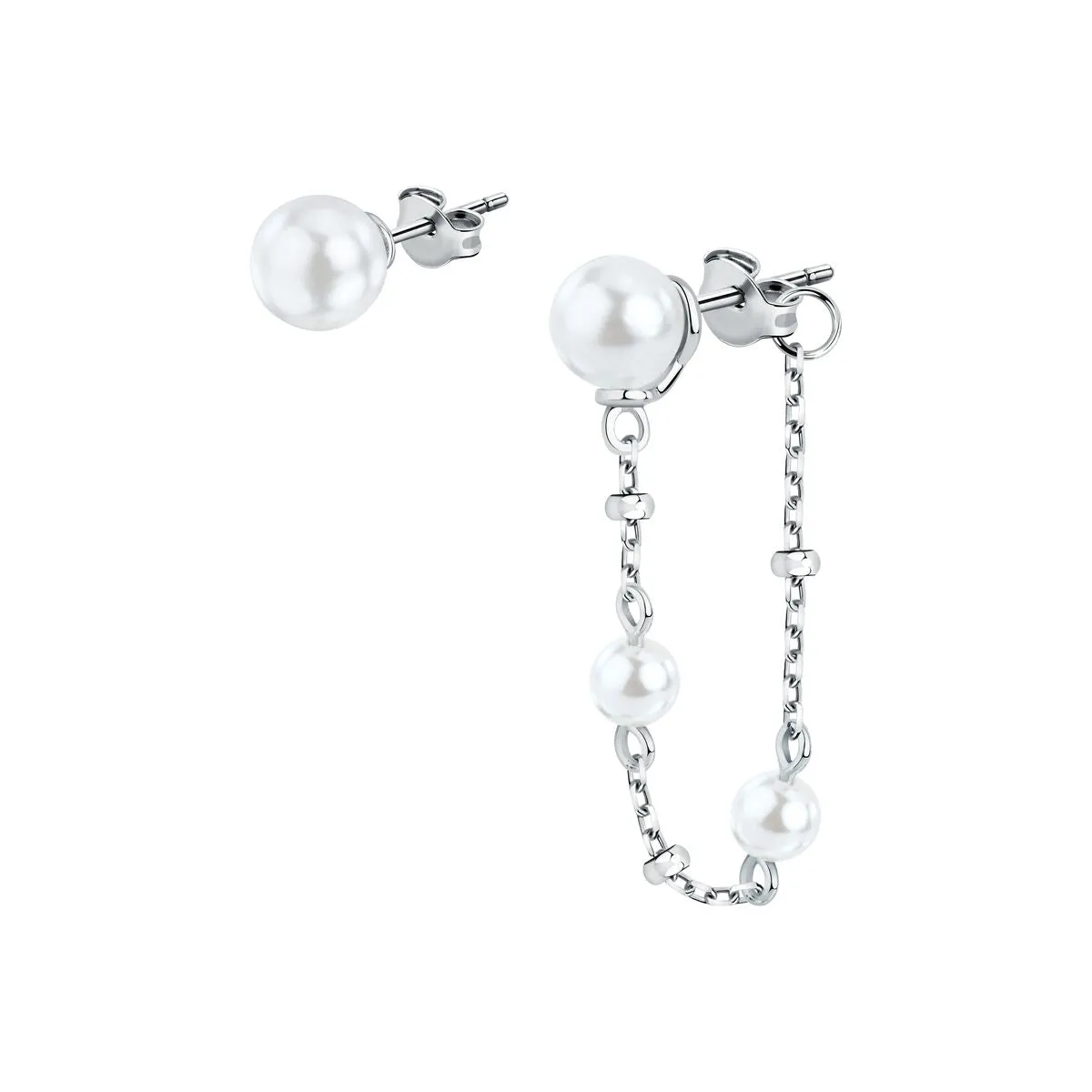 perla stud earrings 925 silver pearl with 1 drop chain side