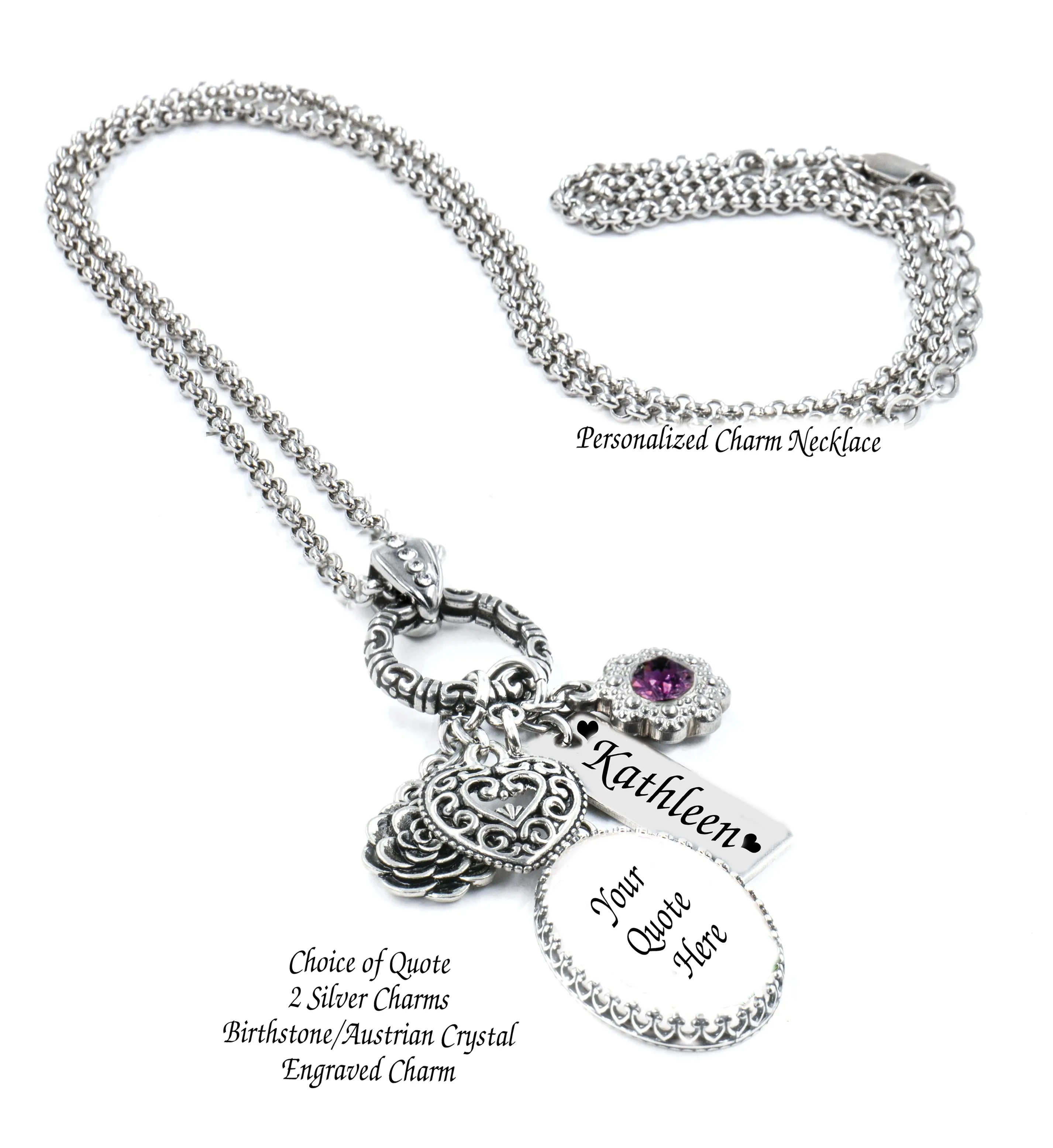 Personalized Charm Necklace, Custom Engraving, Charms, Quote