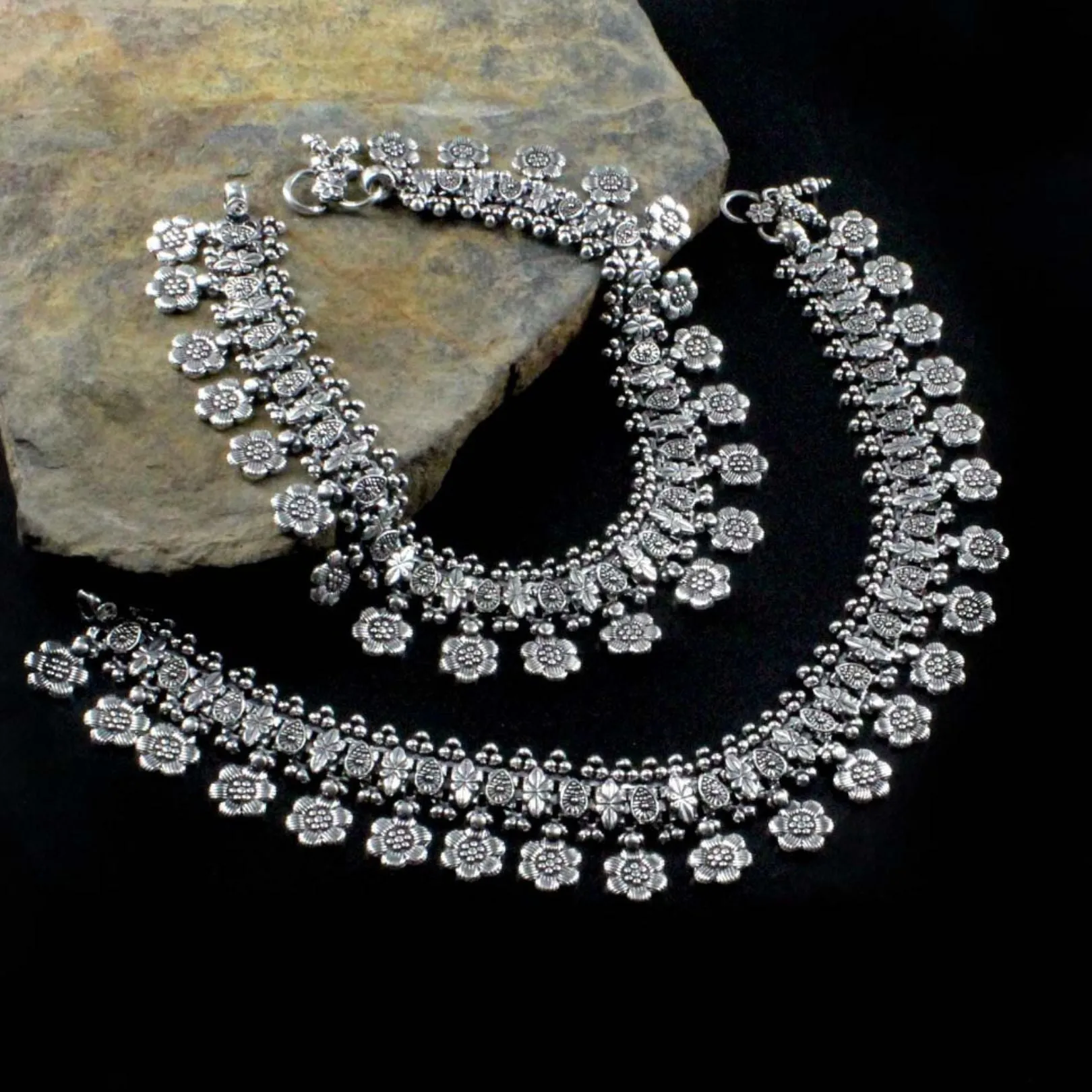Real Silver Women Oxidized Anklets Ankle Pair 10.5"