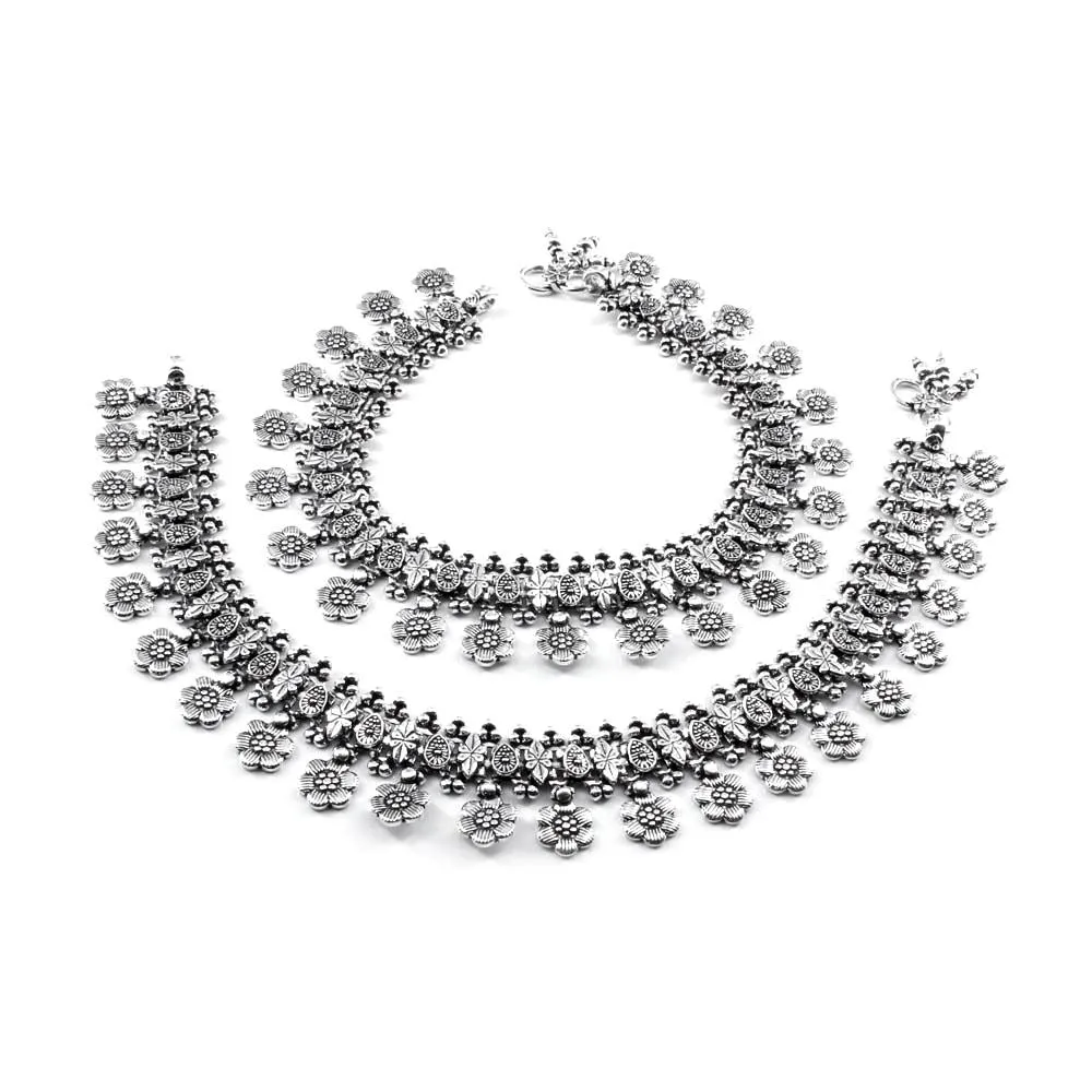 Real Silver Women Oxidized Anklets Ankle Pair 10.5"