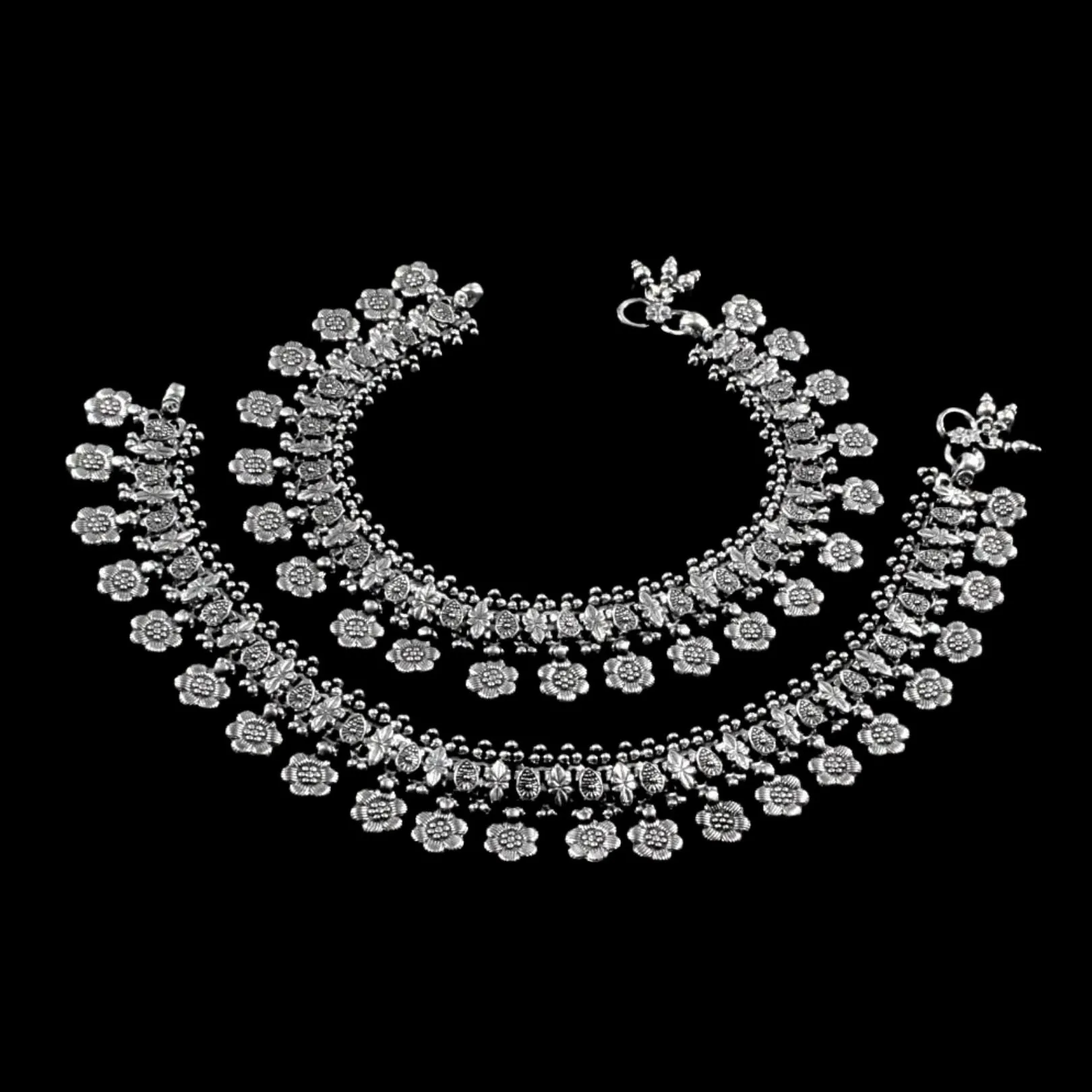 Real Silver Women Oxidized Anklets Ankle Pair 10.5"