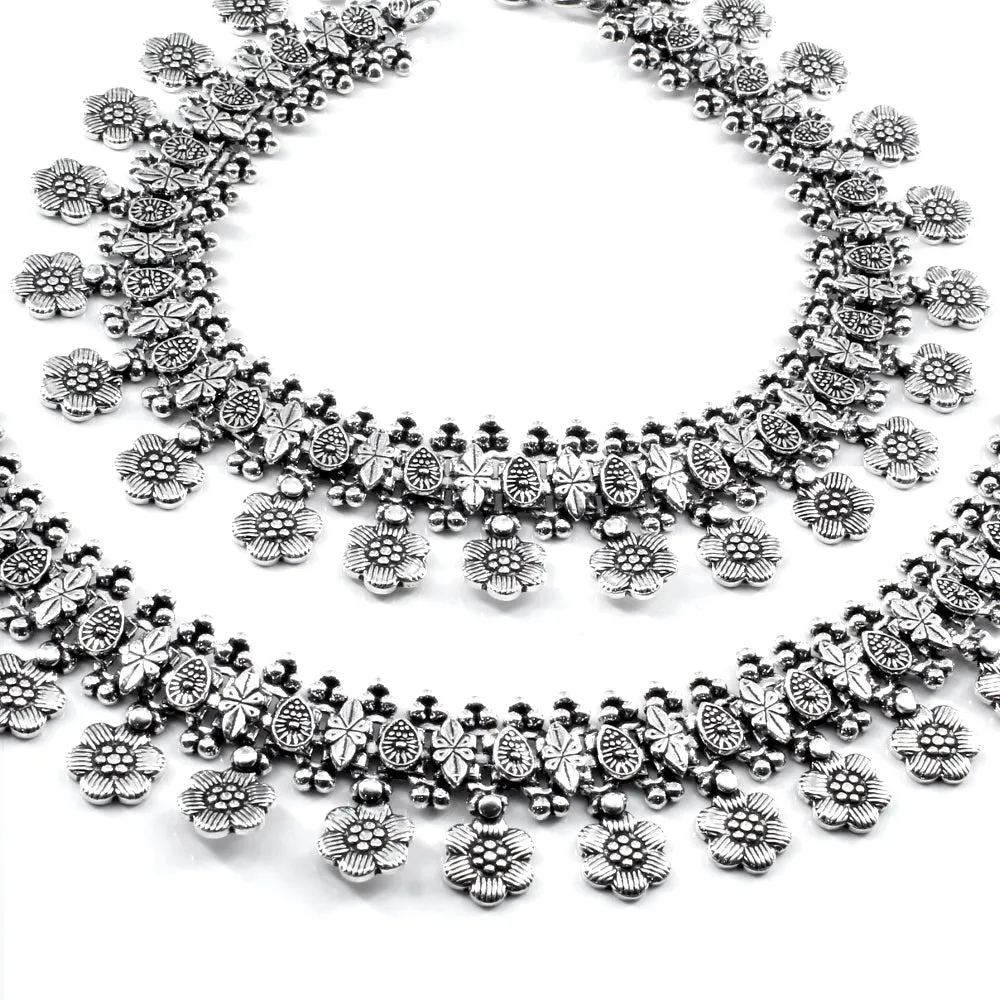 Real Silver Women Oxidized Anklets Ankle Pair 10.5"