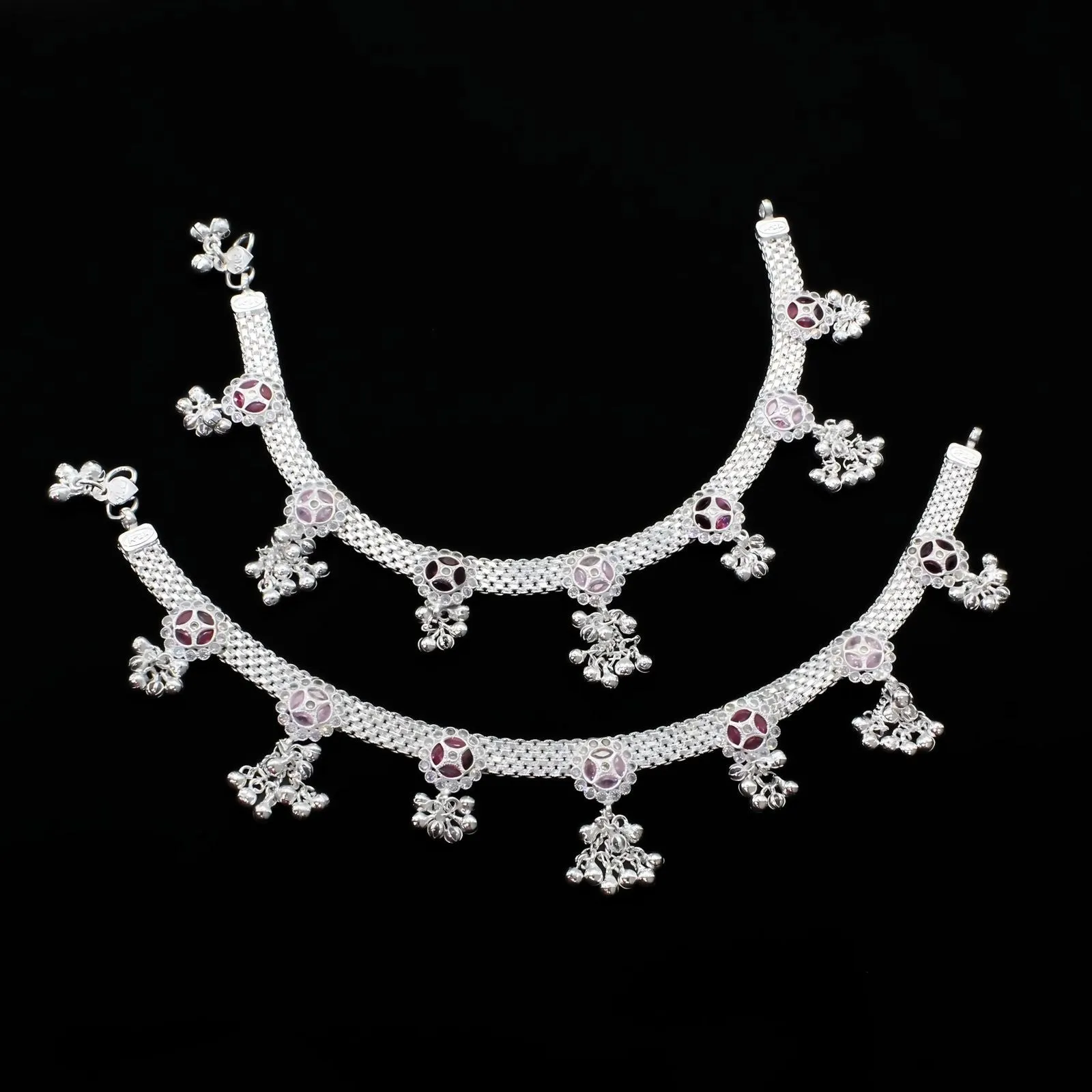 Real Sterling Silver Indian women pink white CZ Bridle Anklets Ankle Pair 10.5"