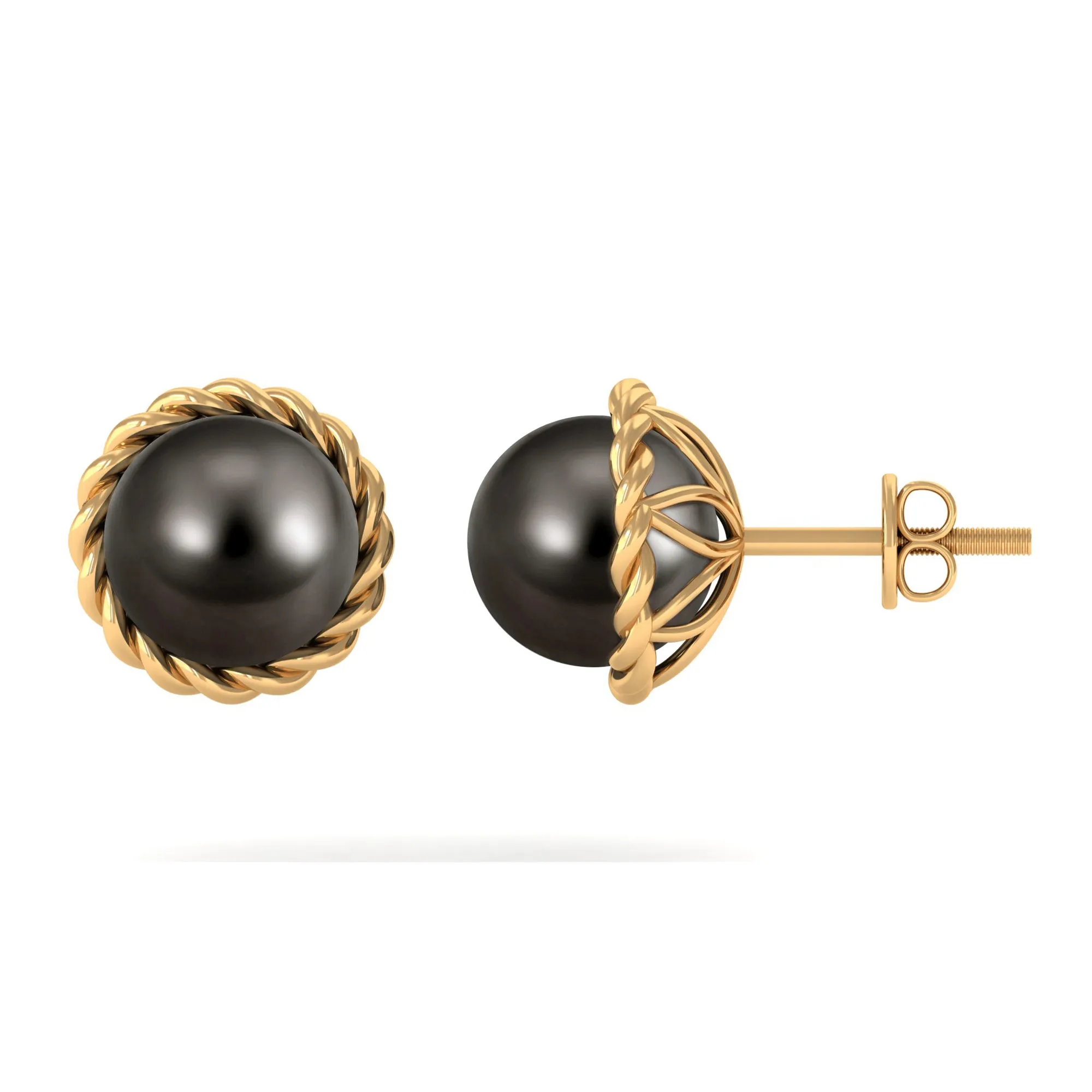 Round Black Tahitian Pearl Solitaire Stud Earrings