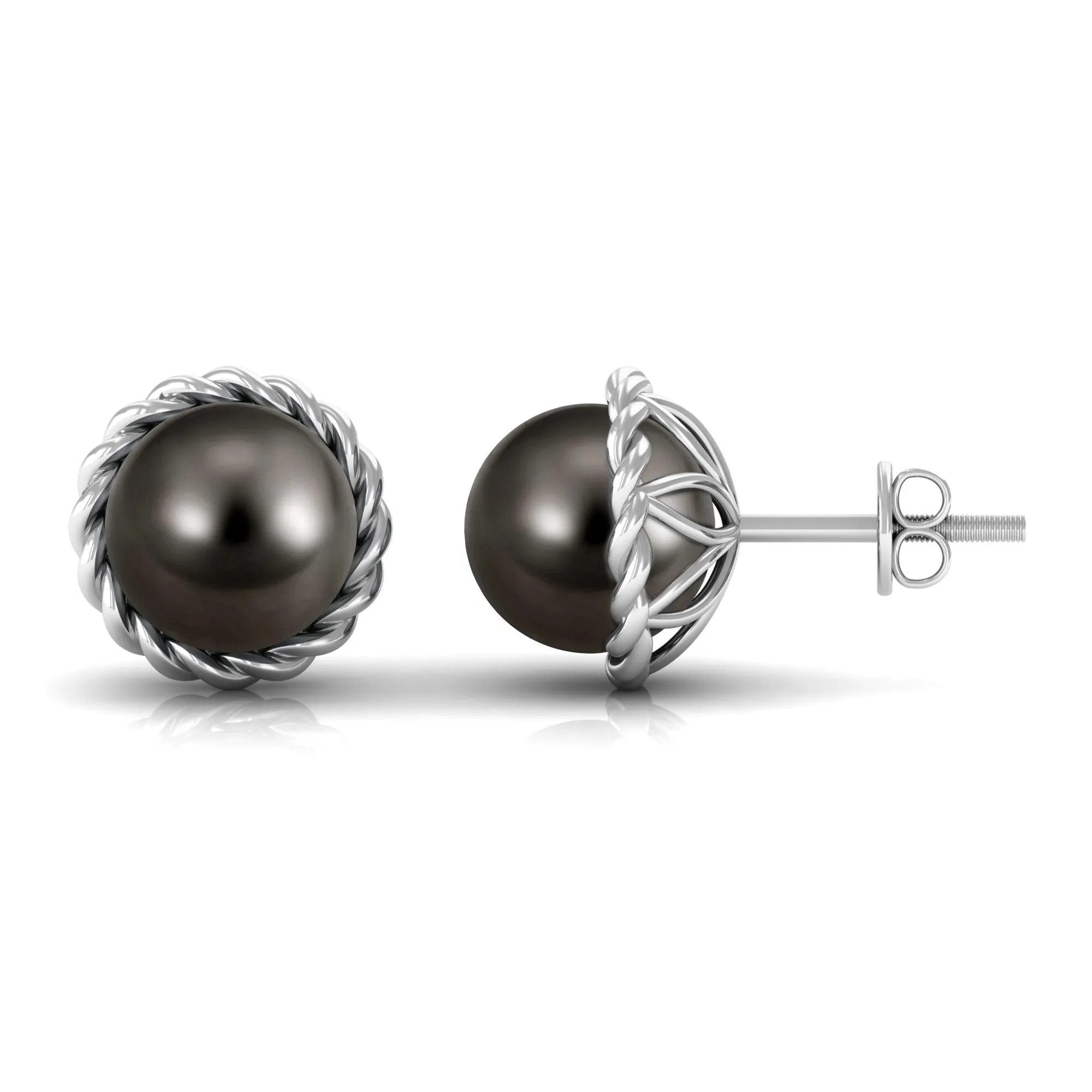 Round Black Tahitian Pearl Solitaire Stud Earrings