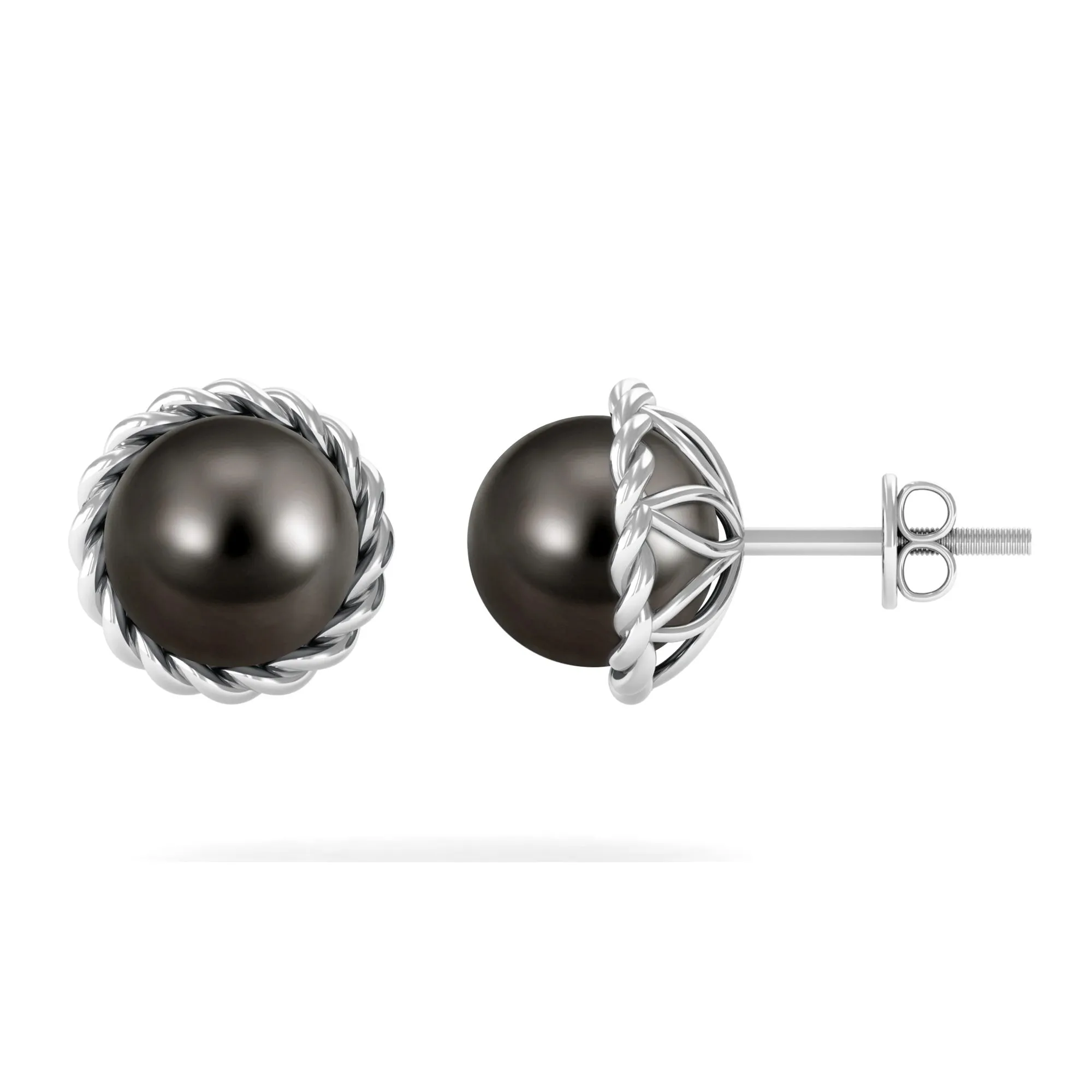 Round Black Tahitian Pearl Solitaire Stud Earrings