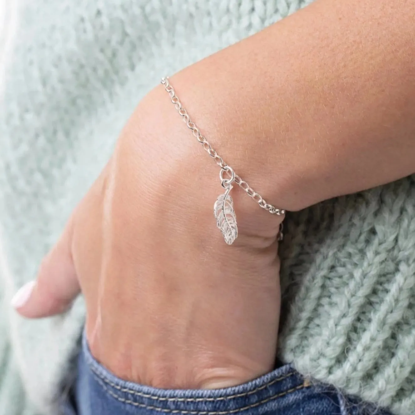 Silver Feather Charm Bracelet