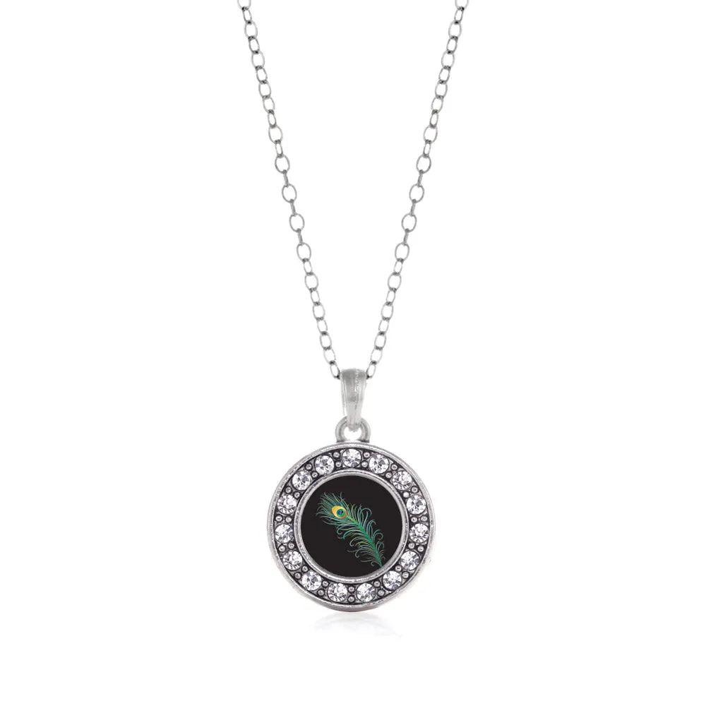 Silver Peacock Feather Circle Charm Classic Necklace