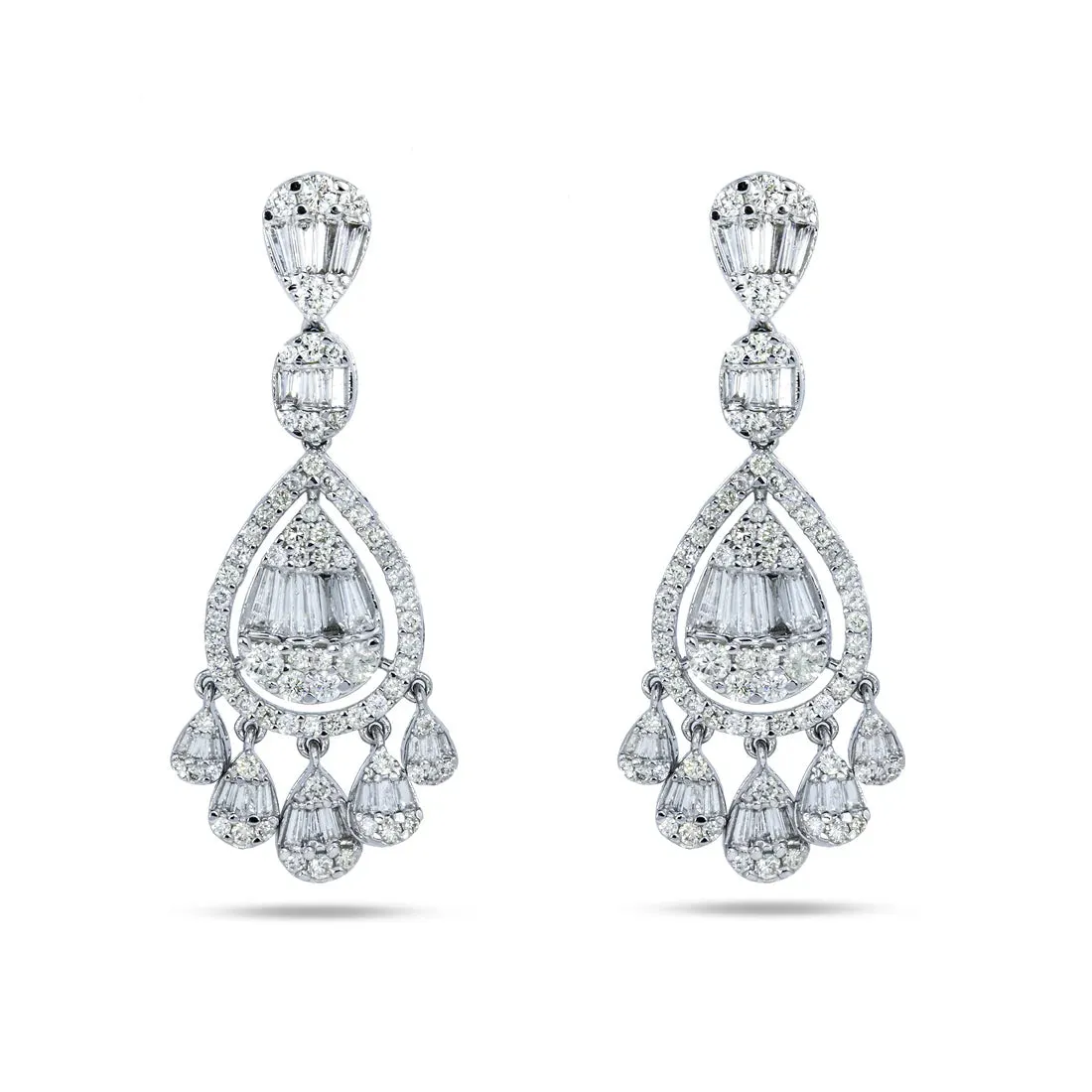 Sonnet 4 Carats Round and Baguette Diamond Teardrop Earrings in 14K White Gold